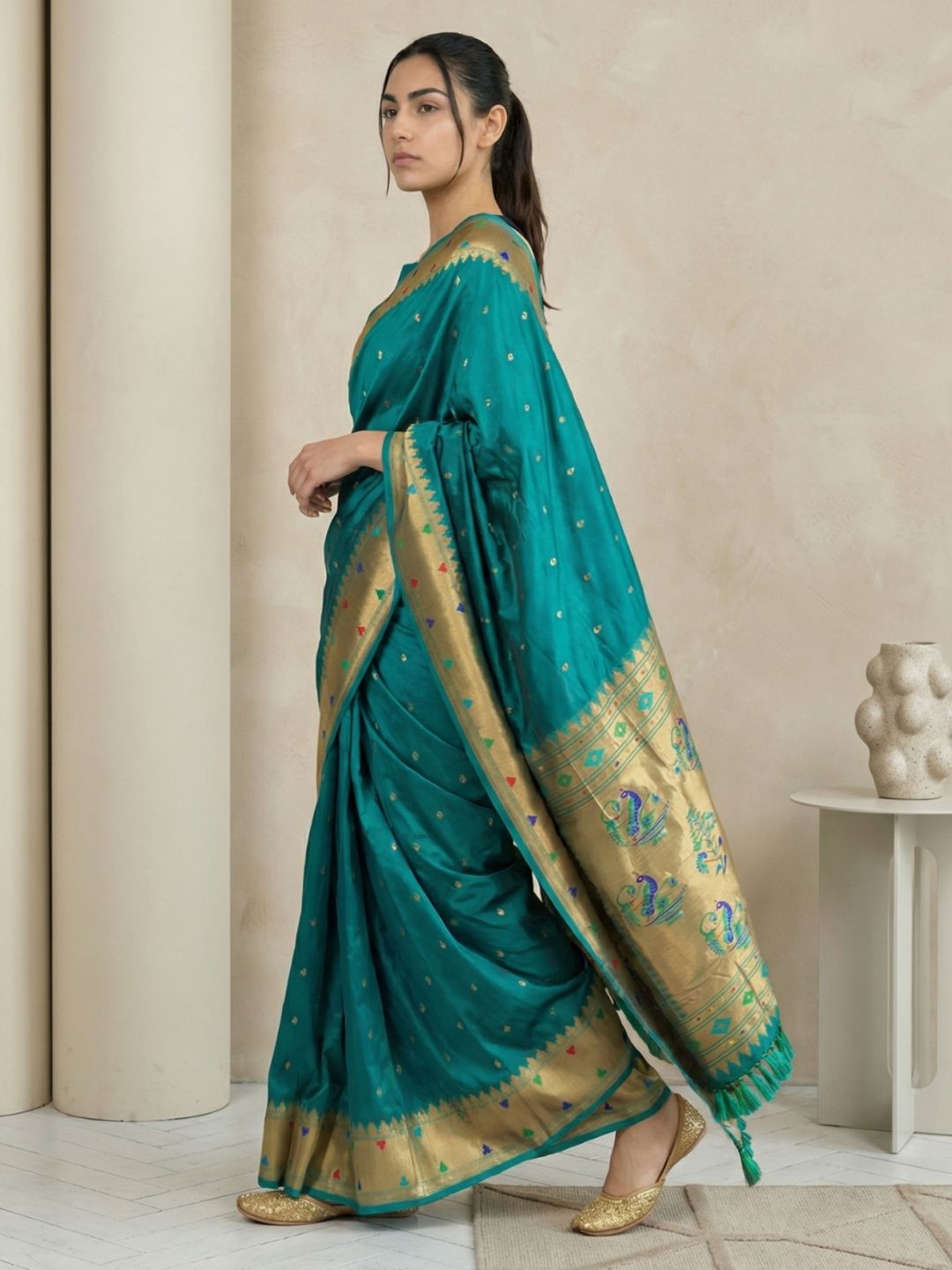 Pgreen Soft Silk Paithani Meenakari Saree Tilak Zari Woven Motifs Temple Border Saree With Brocade Blouse