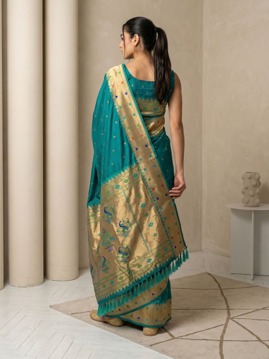 Pgreen Soft Silk Paithani Meenakari Saree Tilak Zari Woven Motifs Temple Border Saree With Brocade Blouse