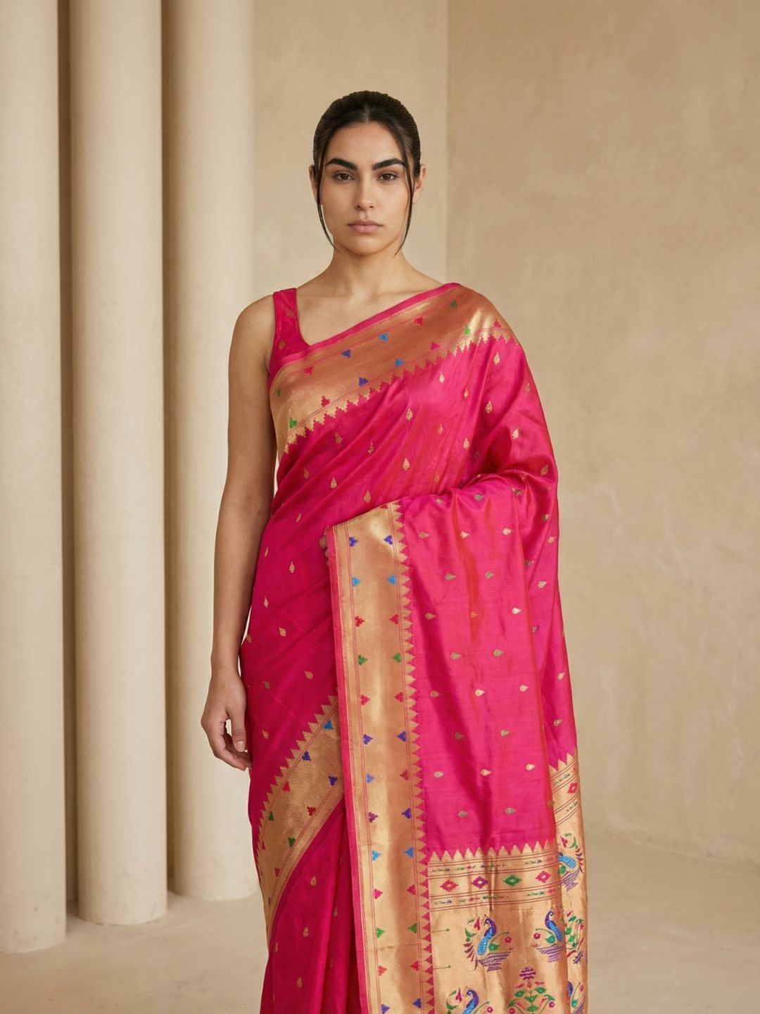 Pink Soft Silk Paithani Meenakari Saree Tilak Zari Woven Motifs Temple Border Saree With Brocade Blouse
