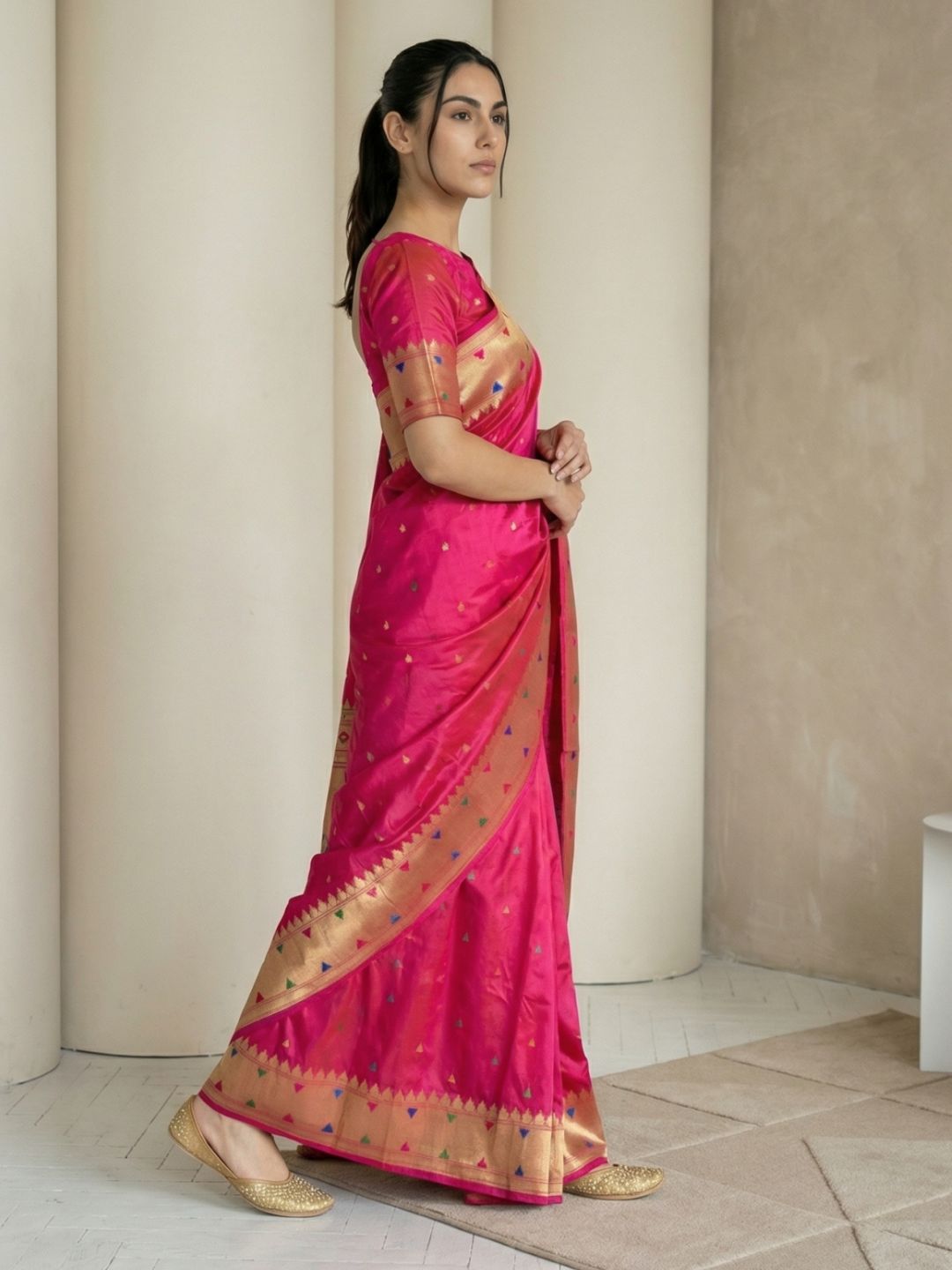 Pink Soft Silk Paithani Meenakari Saree Tilak Zari Woven Motifs Temple Border Saree With Brocade Blouse