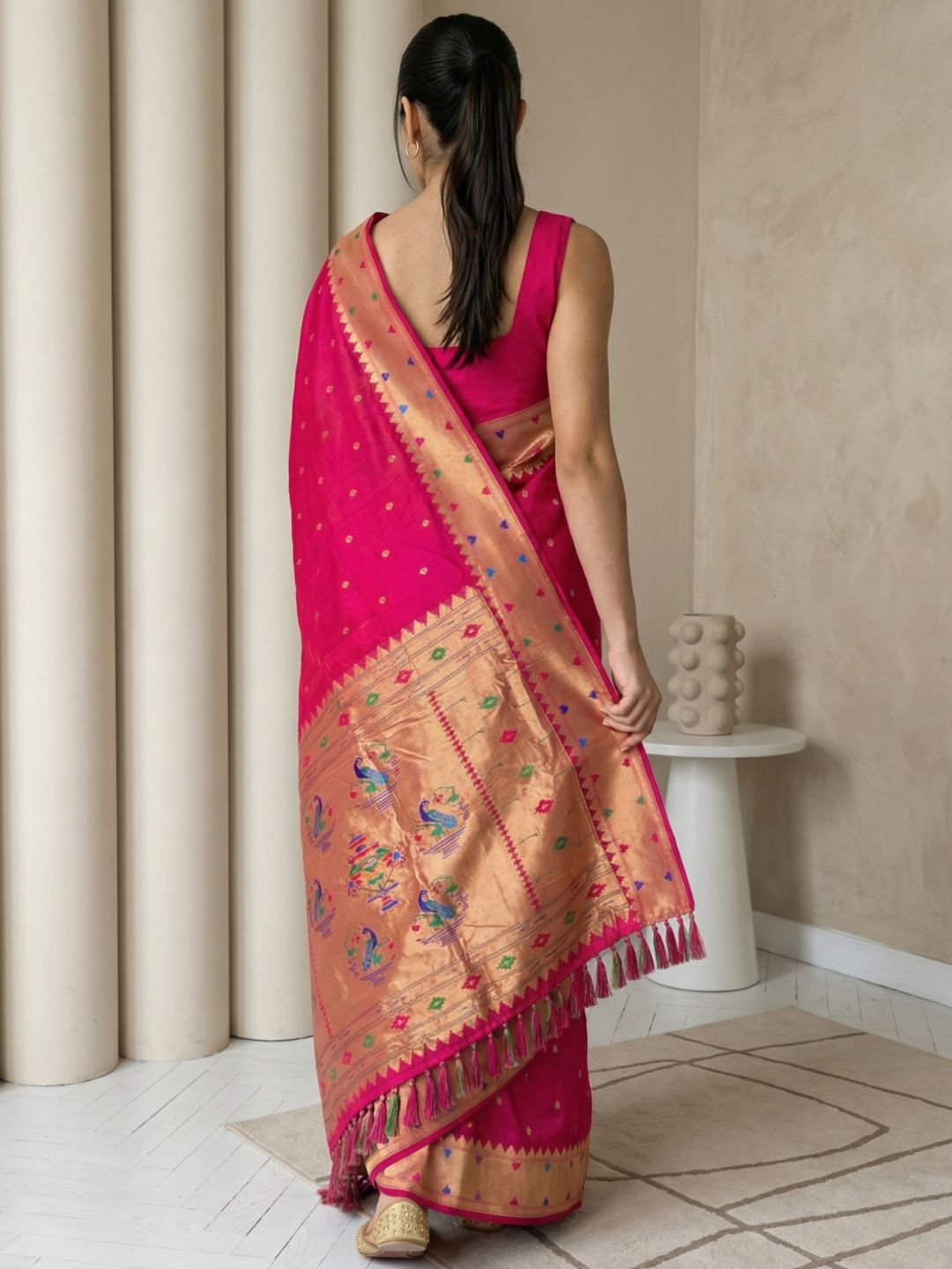 Pink Soft Silk Paithani Meenakari Saree Tilak Zari Woven Motifs Temple Border Saree With Brocade Blouse