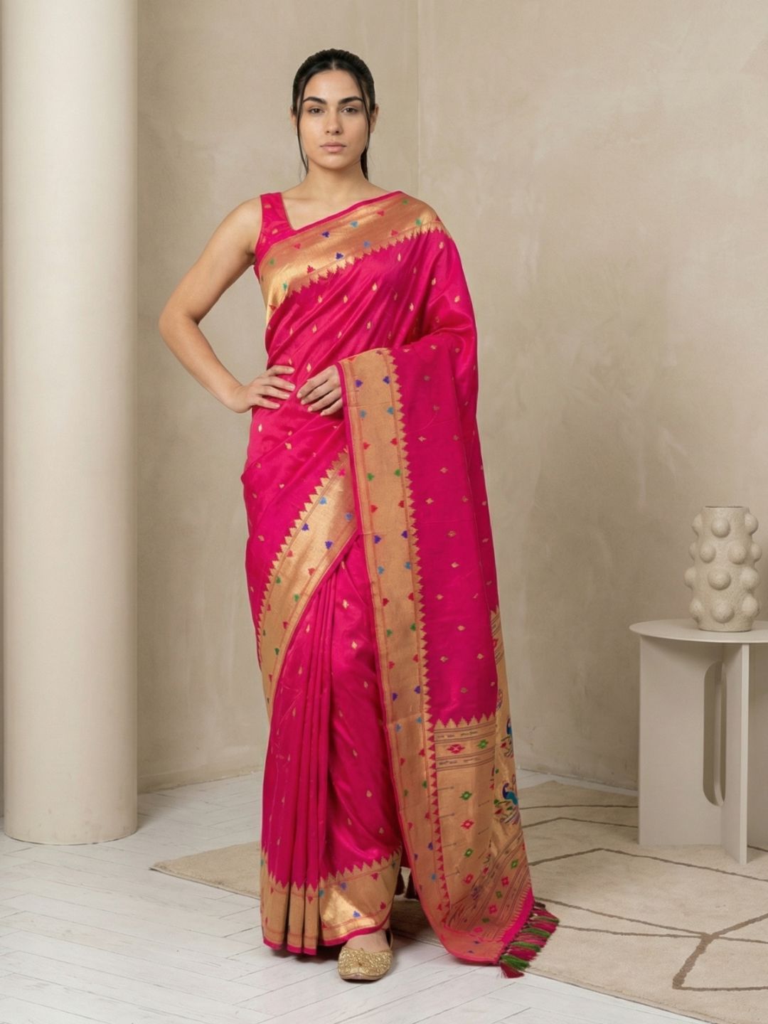 Pink Soft Silk Paithani Meenakari Saree Tilak Zari Woven Motifs Temple Border Saree With Brocade Blouse