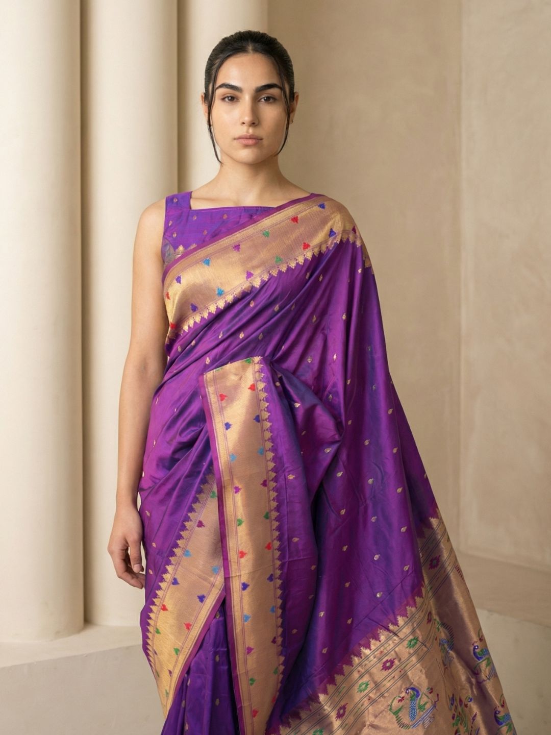 Purple Soft Silk Paithani Meenakari Saree Tilak Zari Woven Motifs Temple Border Saree With Brocade Blouse