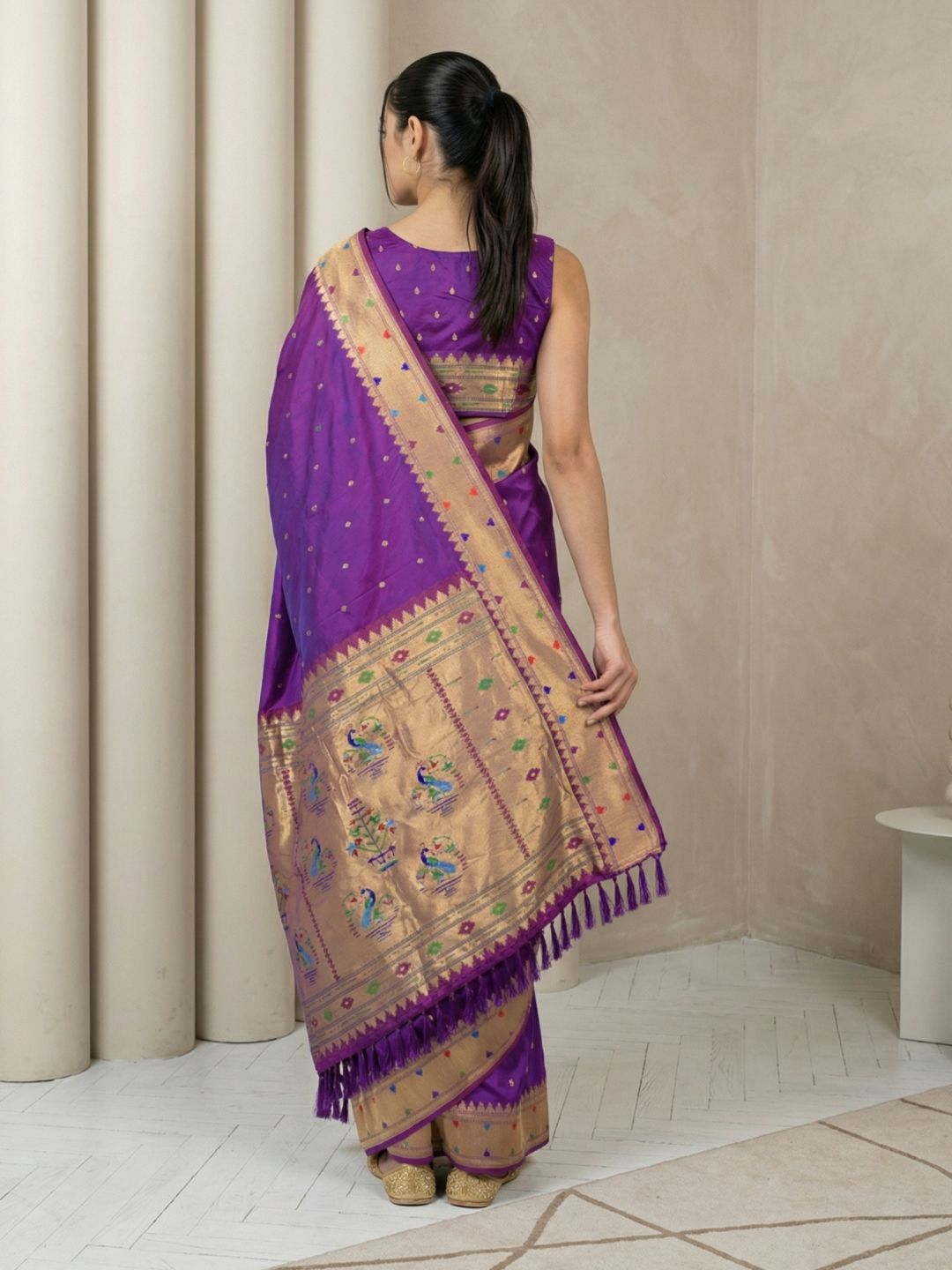 Purple Soft Silk Paithani Meenakari Saree Tilak Zari Woven Motifs Temple Border Saree With Brocade Blouse
