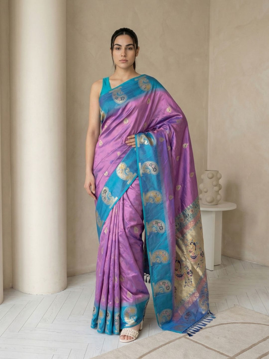 lavender original soft silk paithani saree with meenakari weaving