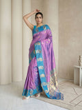 Lavender Soft Silk Paithani Saree Meenakari Peacock Motifs Zari Woven Swan Pallu Saree With Brocade Blouse