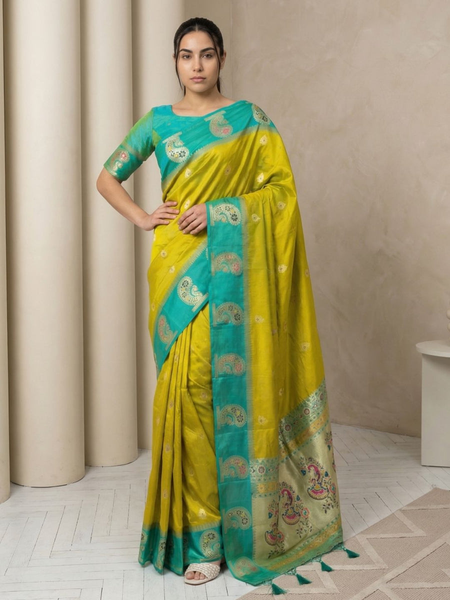 mehendi green original soft silk paithani saree with meenakari weaving