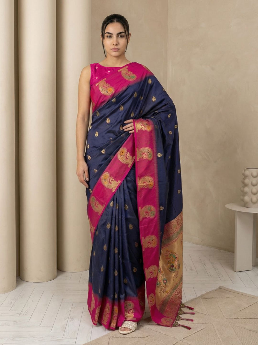 designer navy blue soft silk paithani saree