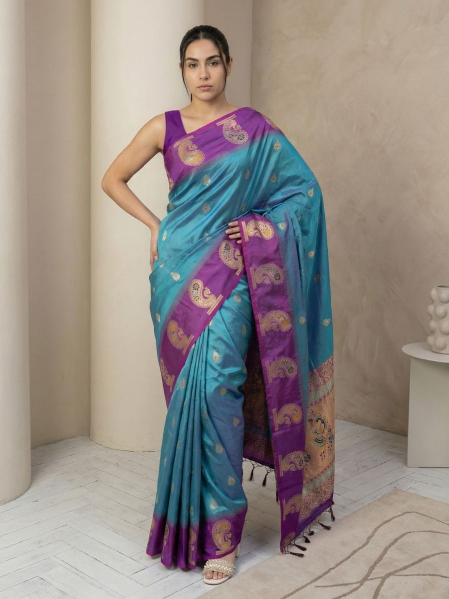 Rama green soft silk Paithani saree with meenakari work