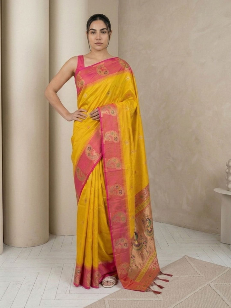 yellow Haldi function soft silk Paithani saree