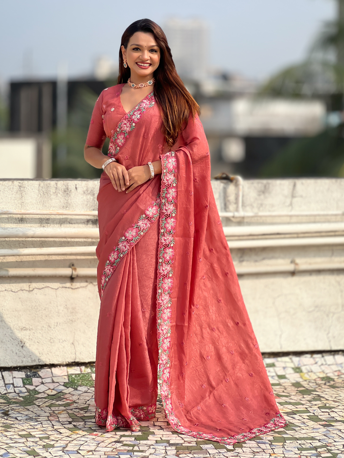 Coral Crush Embroidered Saree with Multicolor Floral Motifs and Cutwork Border