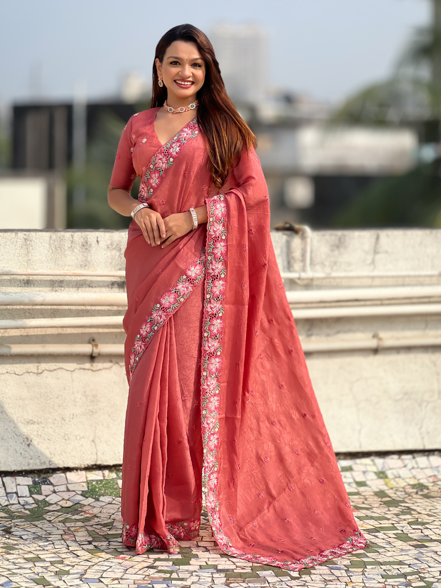 Coral Crush Embroidered Saree with Multicolor Floral Motifs and Cutwork Border