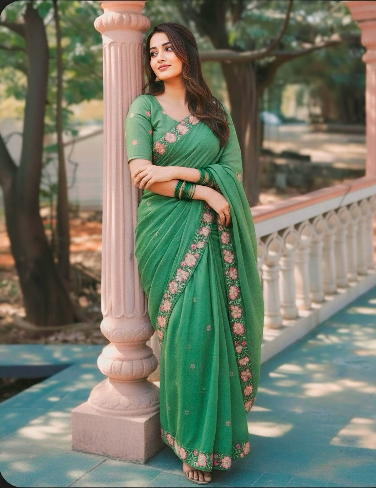 Pista Green Pure Crush Embroidered Saree with Multicolor Floral Motifs and Cutwork Border