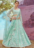 Designer seagreen wedding lehenga with net dupatta

