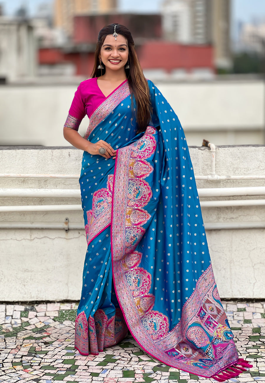 Meenakari border design on blue Pashmina saree