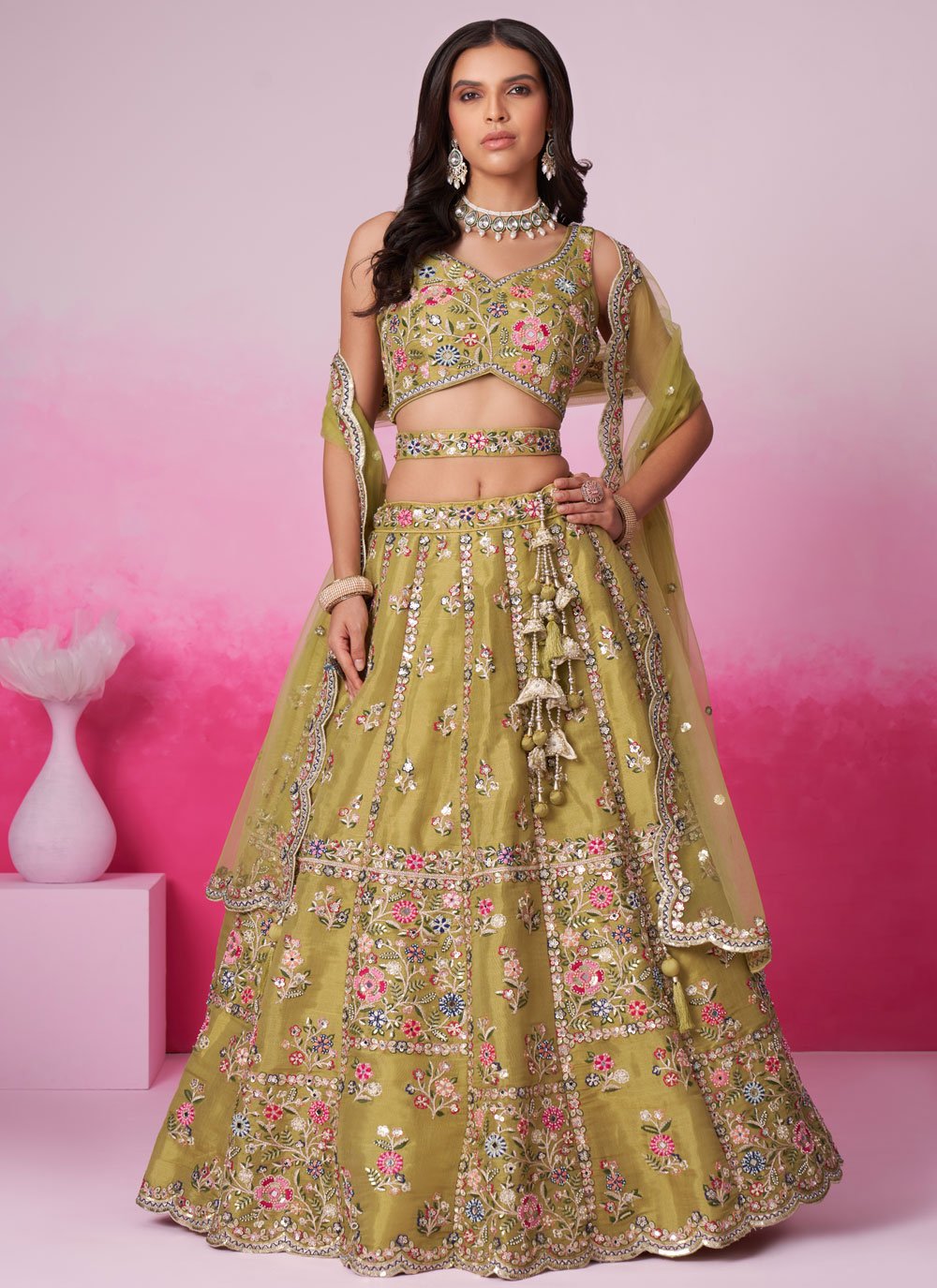 Mustard Net Affordable Wedding Lehenga with Sequins & Moti Embroidery