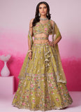 Mustard Net Affordable Wedding Lehenga with Sequins & Moti Embroidery