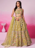 Mustard Net Lehenga with Sequins Embroidery for Brides