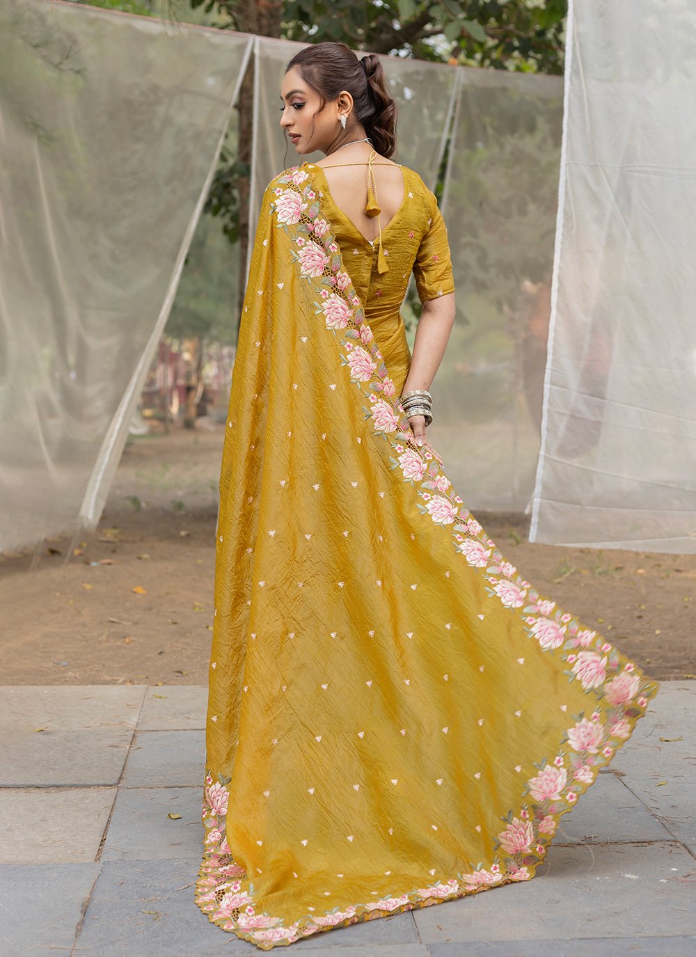 Mustard Silk Saree with Embroidery & Cut Work – Pure Crush Silk Saree

