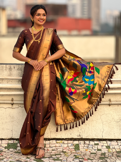 Coffee Wedding Special Nauvari Paithani Soft Silk Saree with Zari Woven Polka Motifs and Peacock Pallu