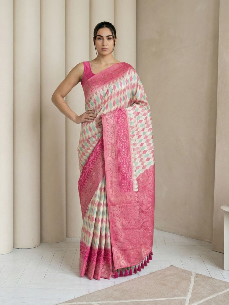 cream patola premium silk saree with meenakari ikat weaving