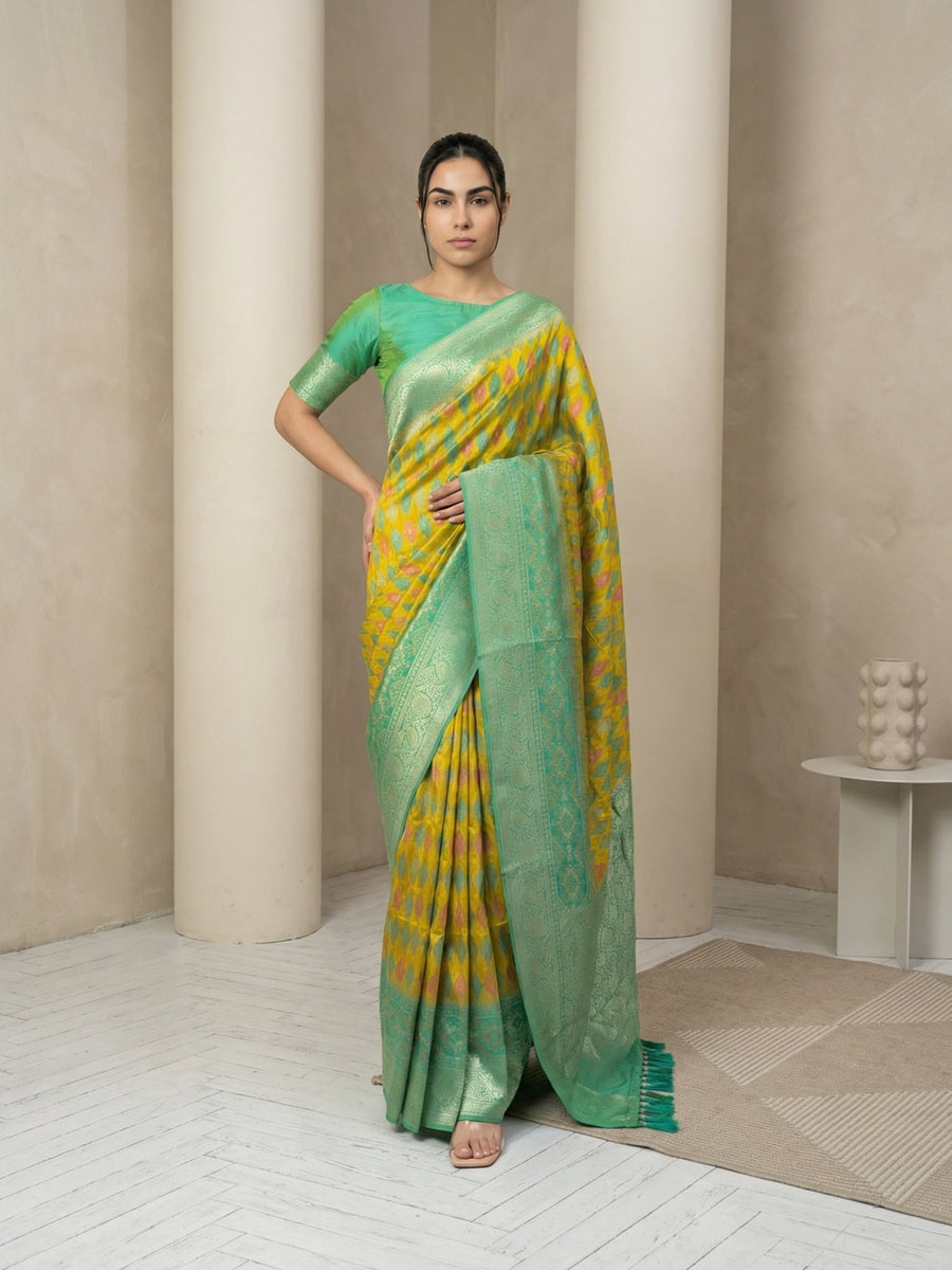 mehendi green patola premium silk saree with meenakari ikat weaving