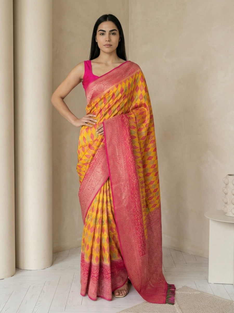 orange patola premium silk saree with meenakari ikat weaving