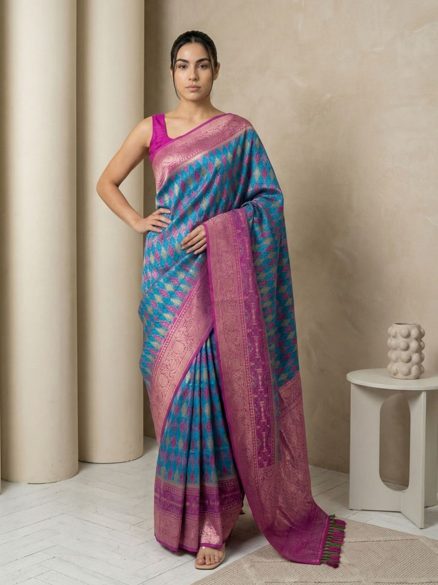 rama green patola premium silk saree with meenakari ikat weaving