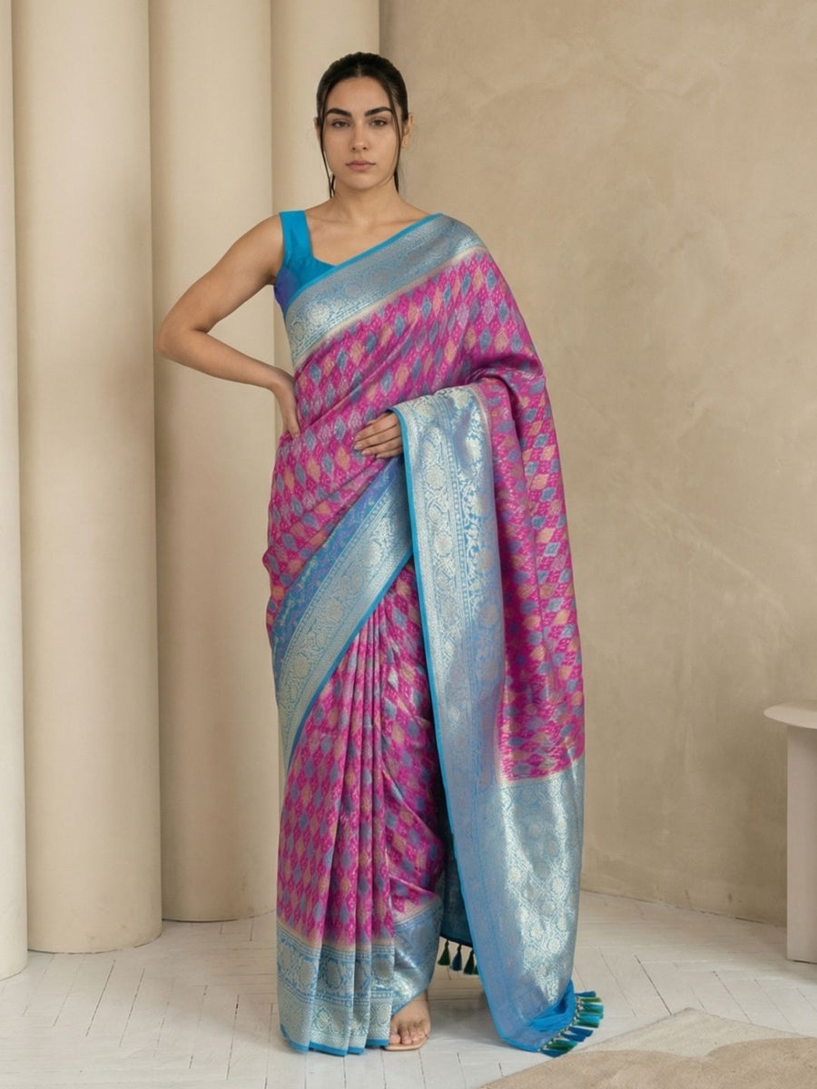 wine patola premium silk saree with meenakari ikat weaving