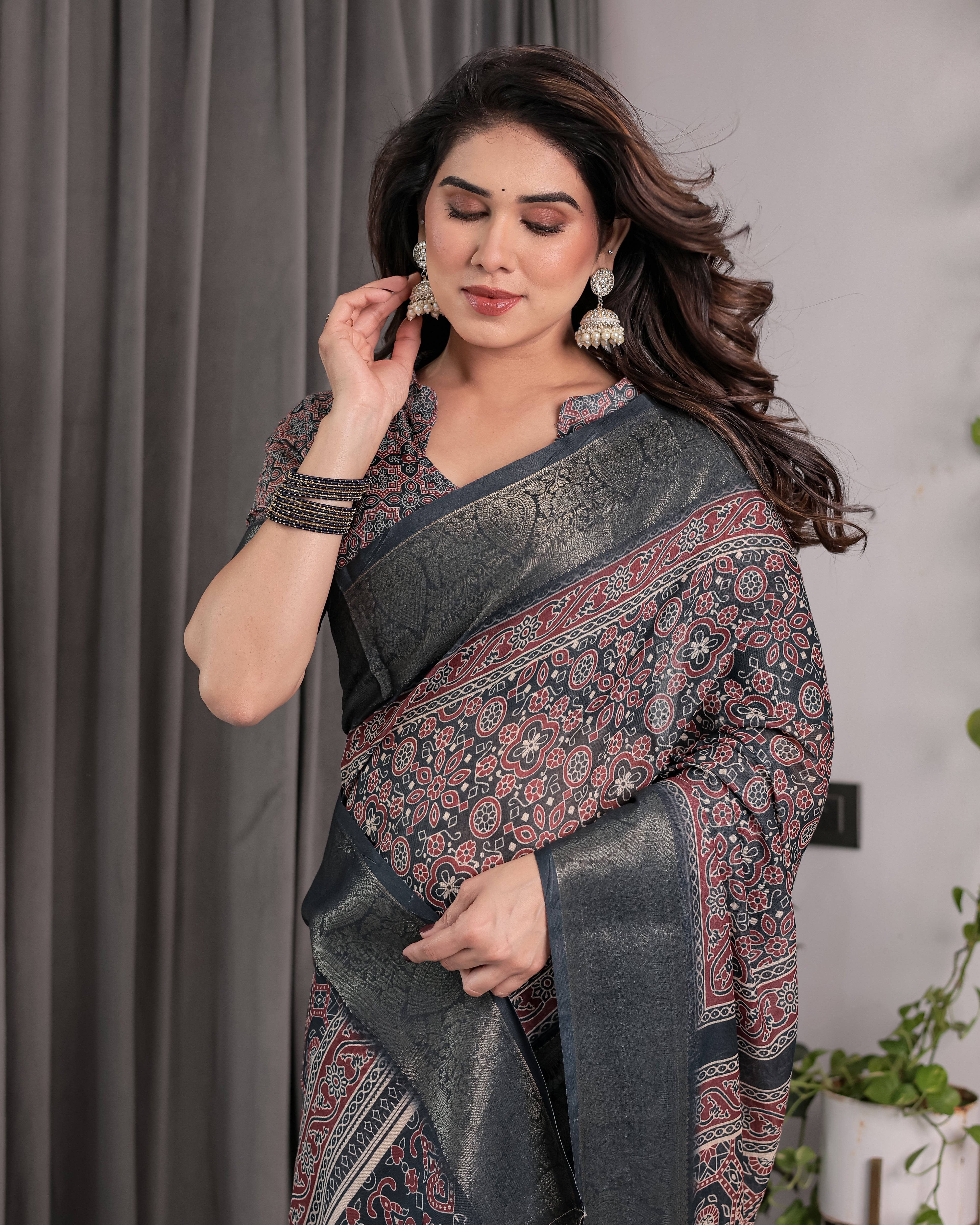 Heritage Charcoal Black Handloom Linen Saree with Ajrakh-Inspired Print