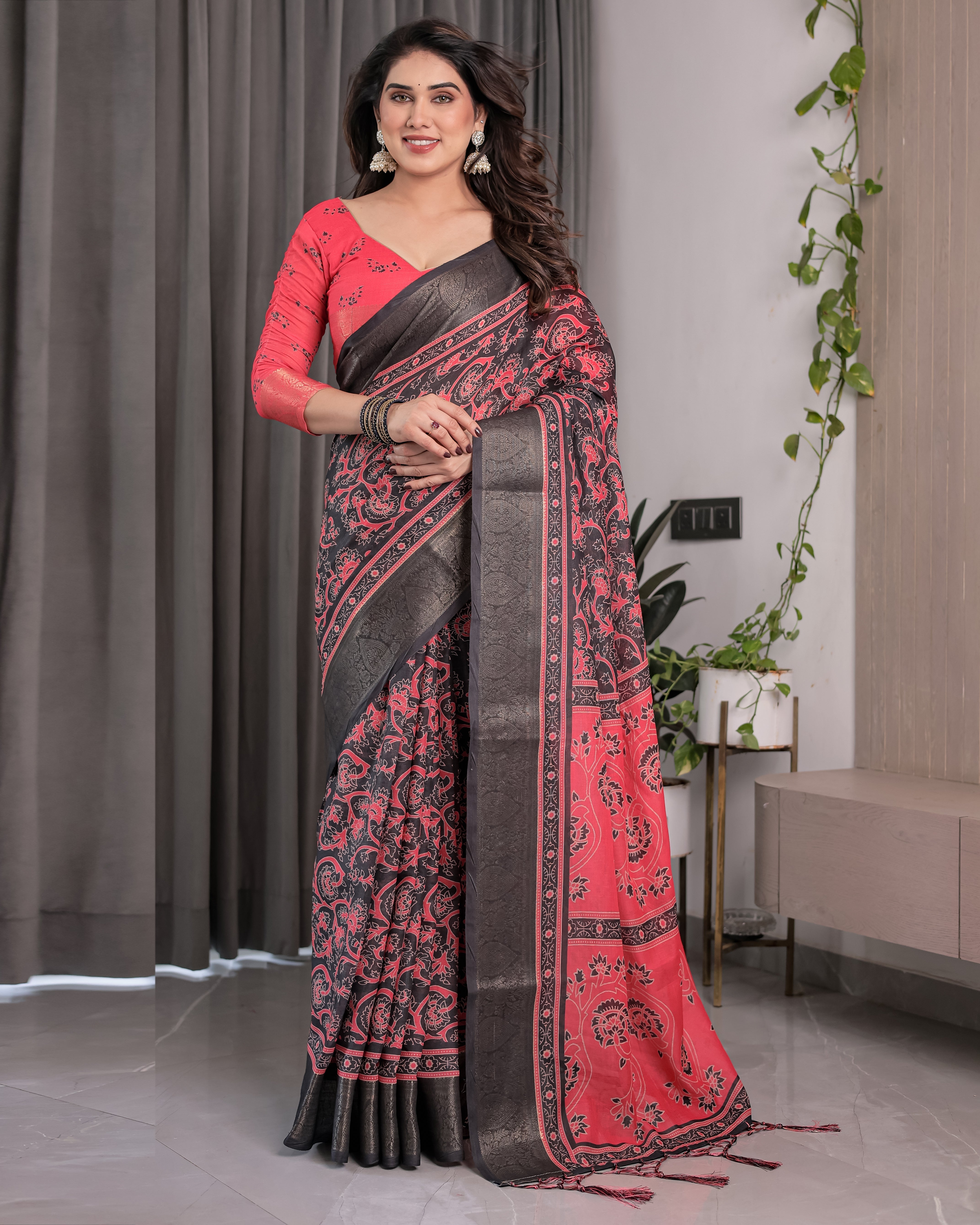Crimson Red & Black Handloom Linen Saree with Paisley Floral Print