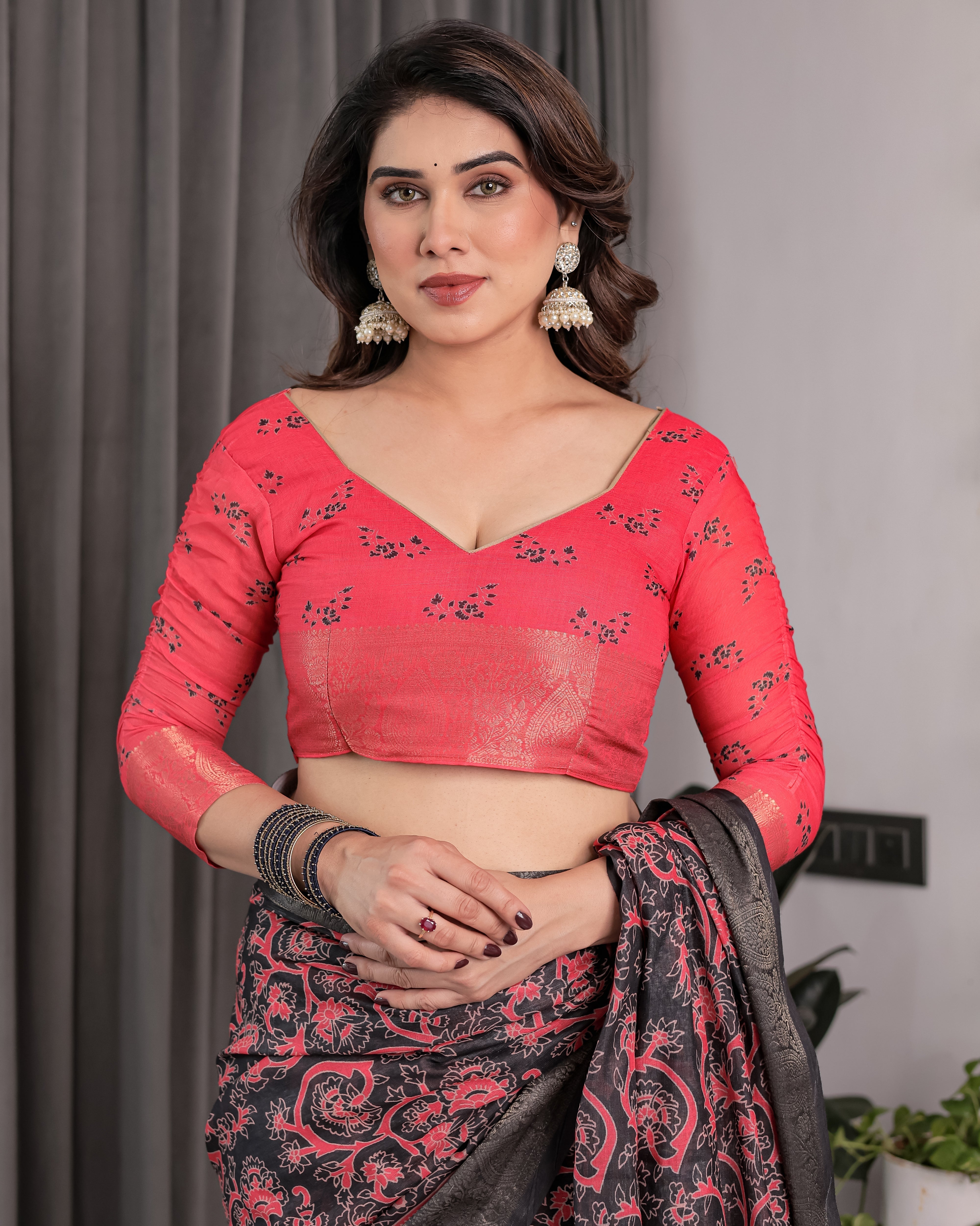 Heritage Crimson Red & Black Handloom Linen Saree with Zari Border