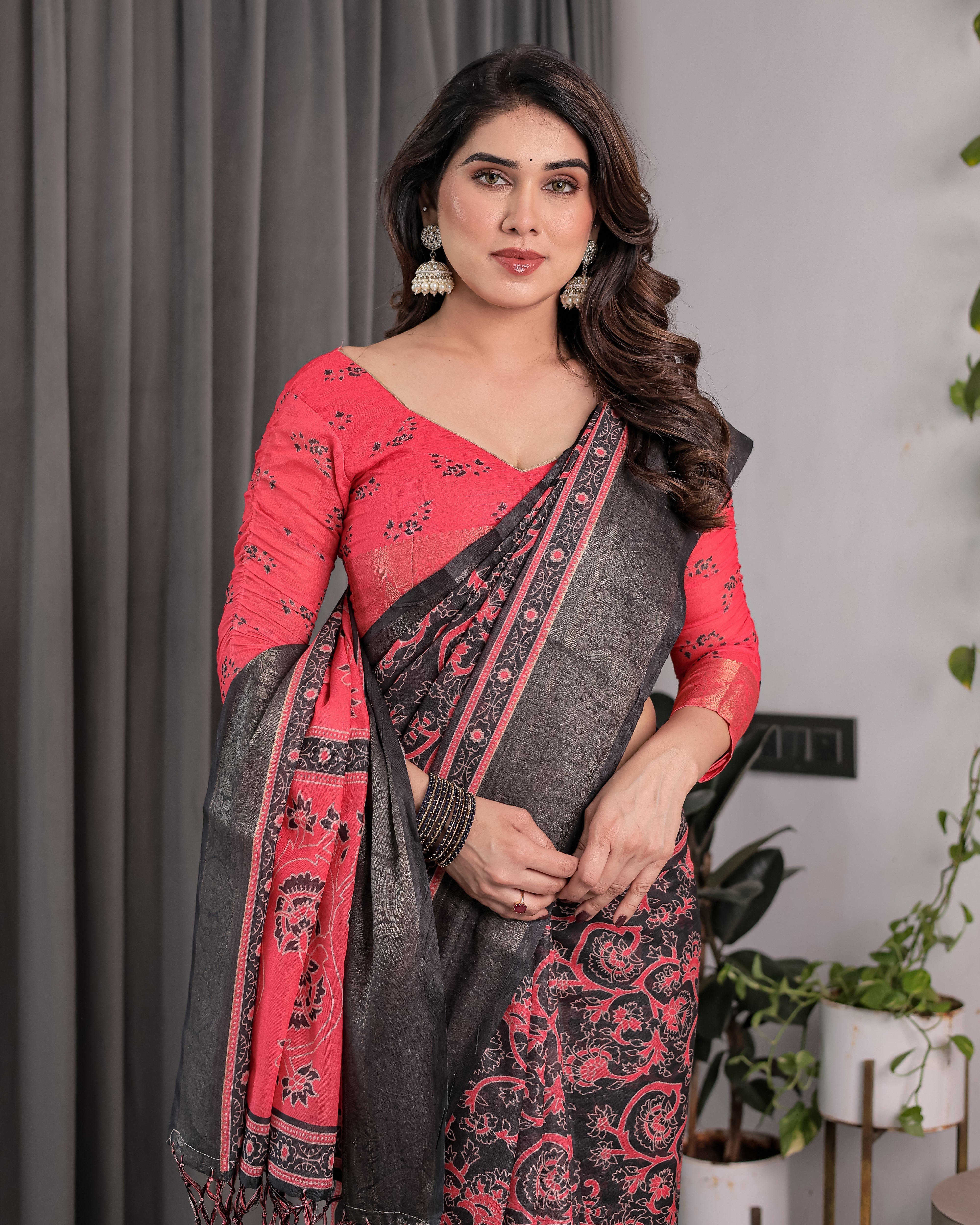Heritage Crimson Red & Black Handloom Linen Saree with Zari Border