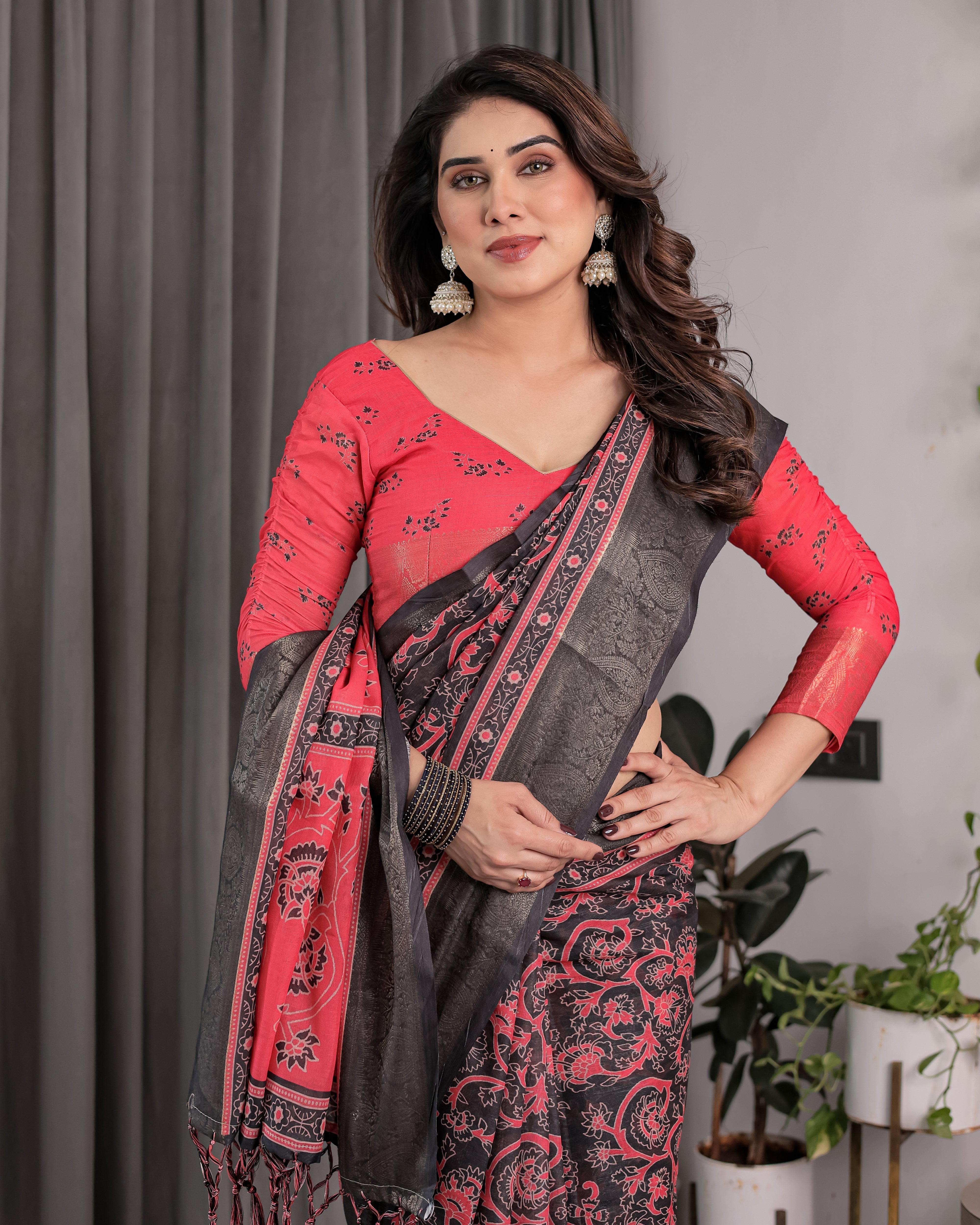 Heritage Crimson Red & Black Handloom Linen Saree with Zari Border