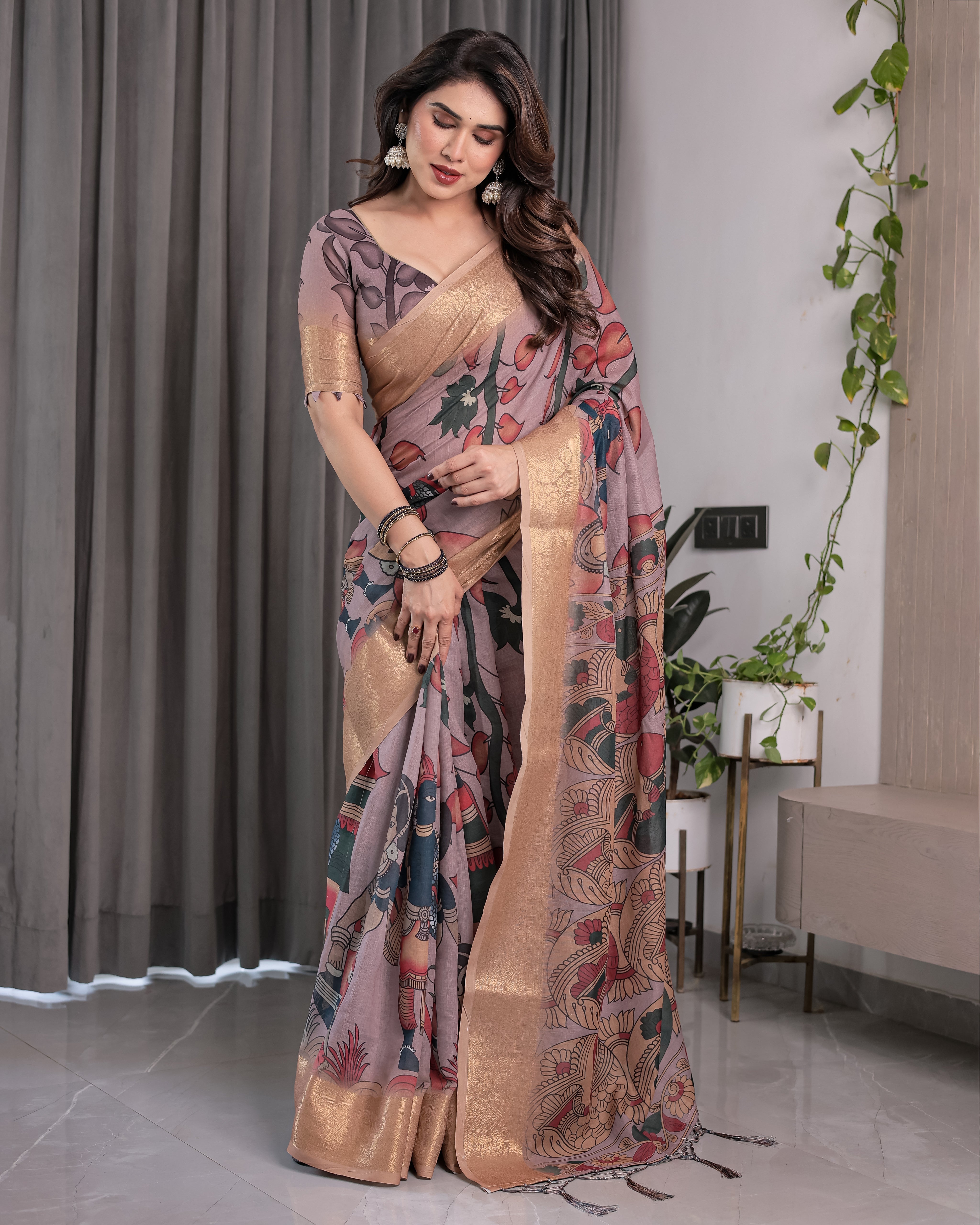 Dusty Mauve Saree with Madhubani Fish Motifs & Antique Zari Border | Cultural Art Digital Print | 5.5m Saree + 0.8m Blouse Piece