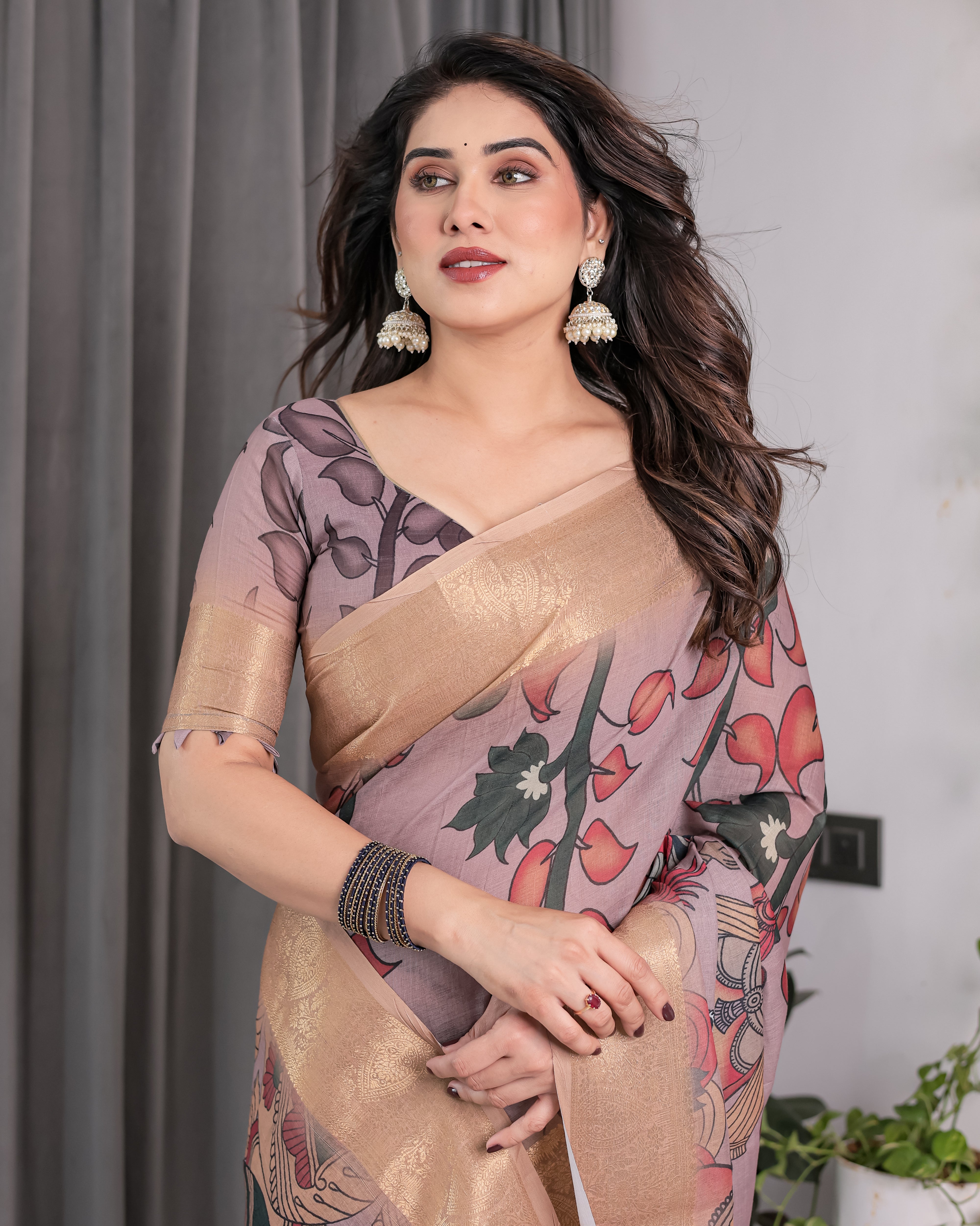 Dusty Mauve Saree with Madhubani Fish Motifs & Antique Zari Border | Cultural Art Digital Print | 5.5m Saree + 0.8m Blouse Piece