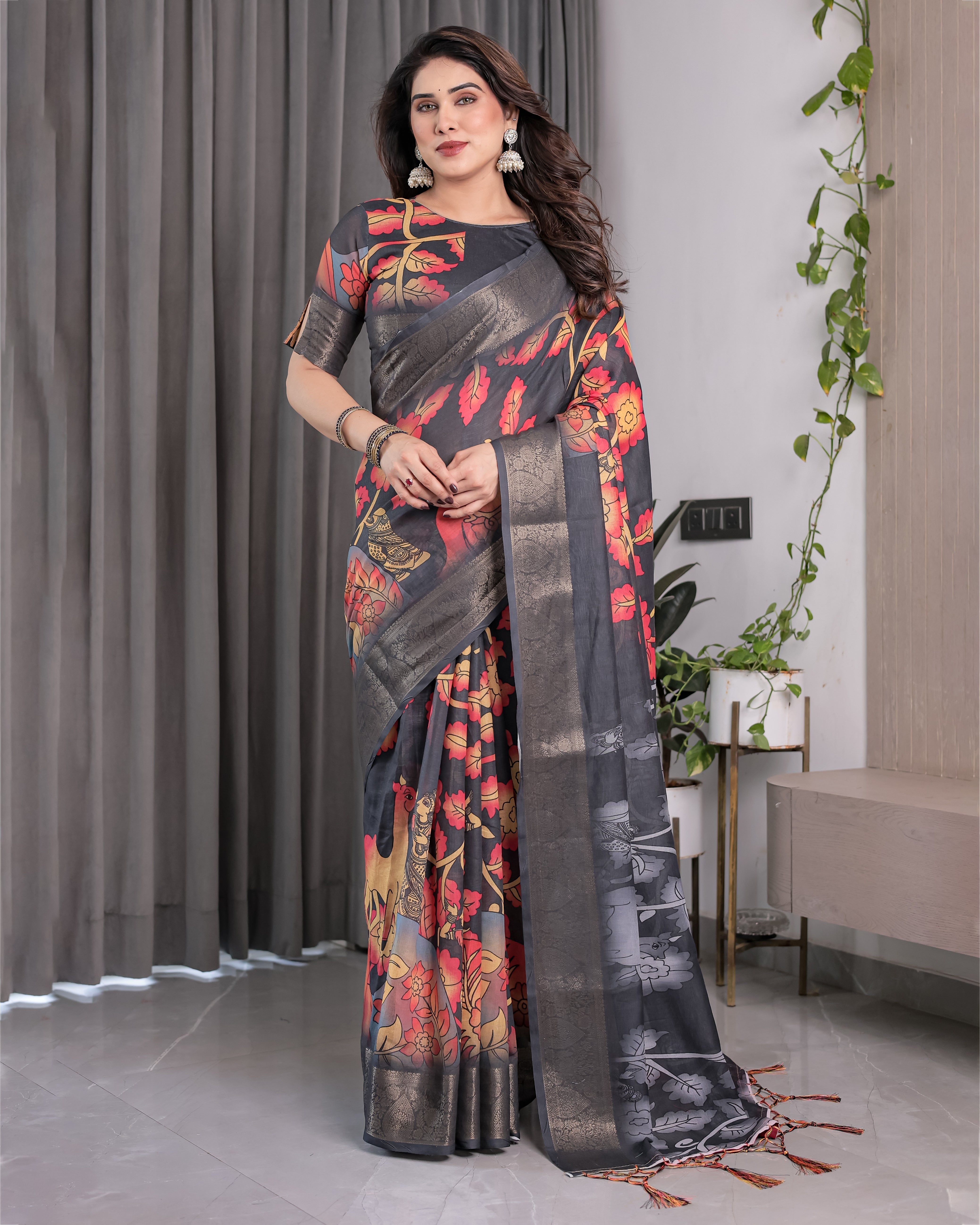 Black Organza-Feel Saree with Red & Grey Floral Digital Prints and Zari Border | Festive Lightweight Drape | 5.5m Saree + 0.8m Blouse Piece