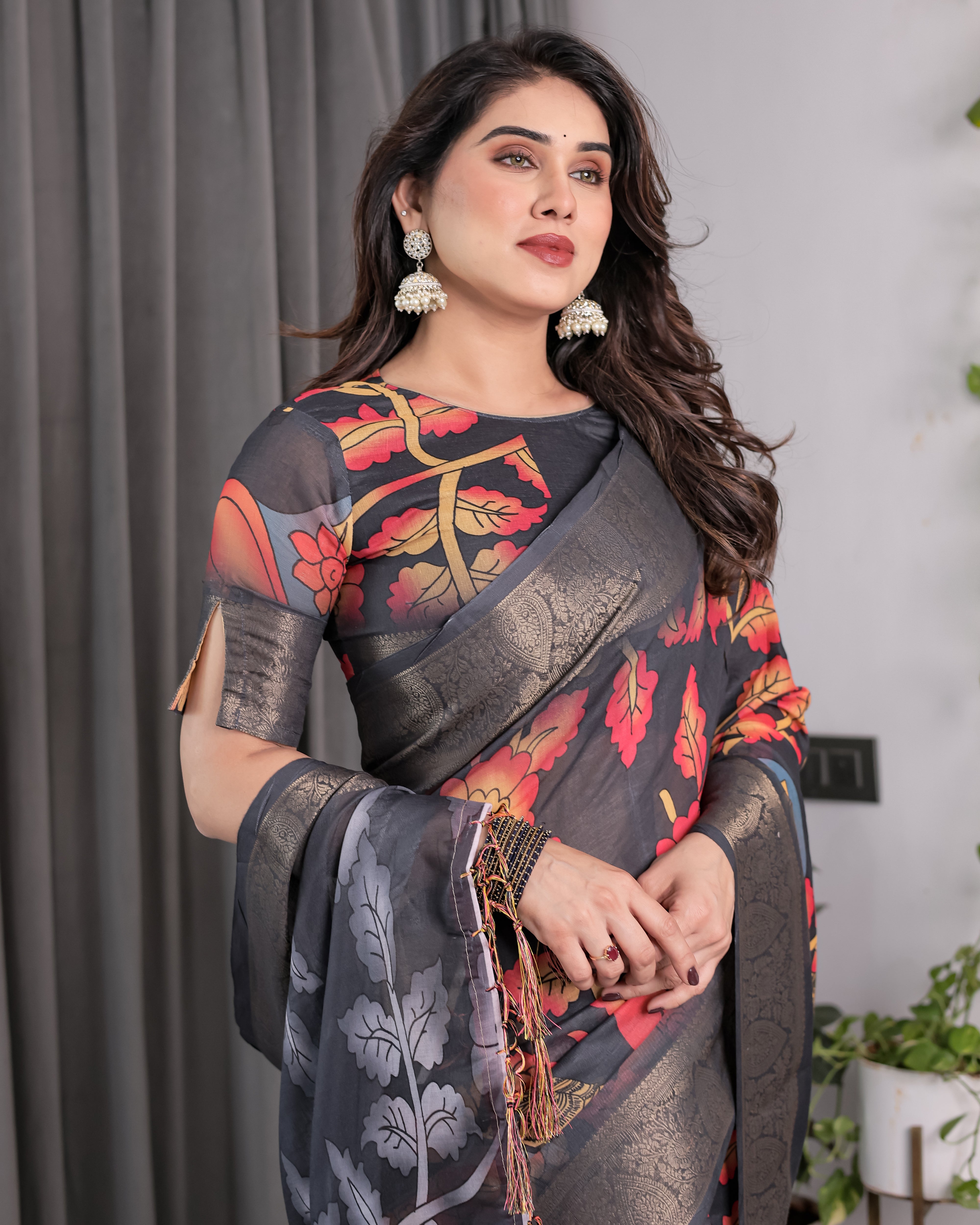 Black Organza-Feel Saree with Red & Grey Floral Digital Prints and Zari Border | Festive Lightweight Drape | 5.5m Saree + 0.8m Blouse Piece