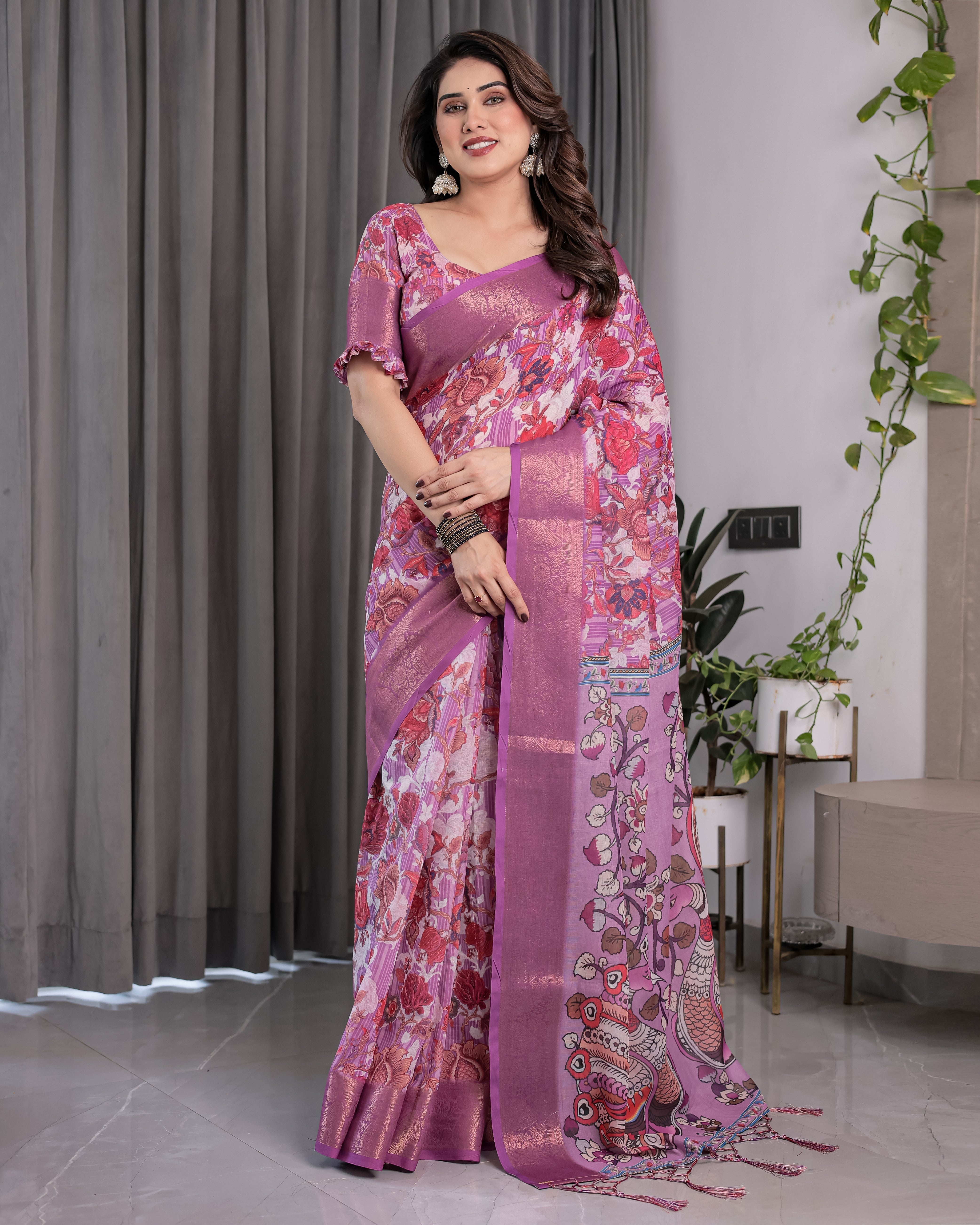 Lavender Pink Handloom Linen Saree with Kalamkari Peacock Pallu