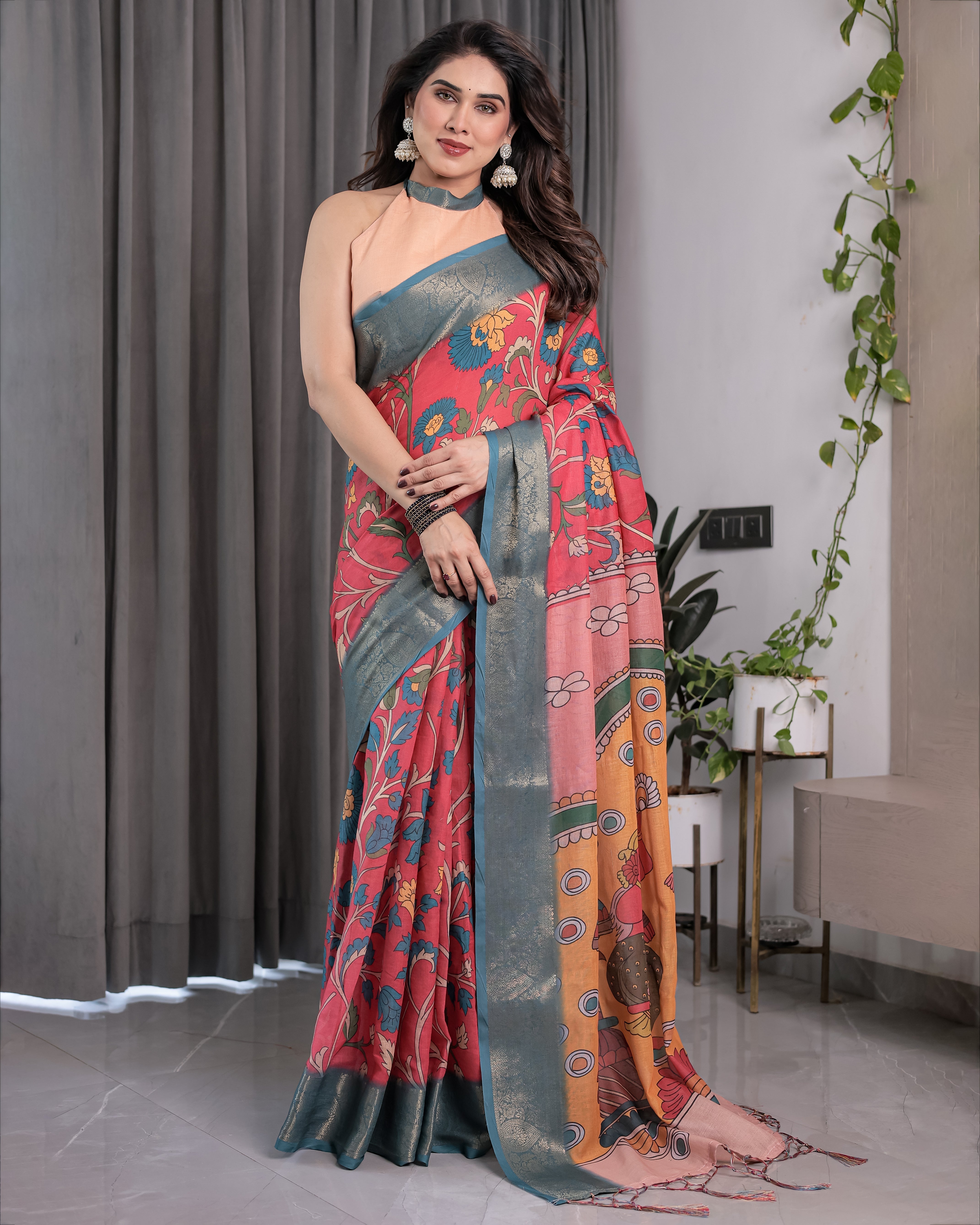 Multicolor Handloom Cotton Saree with Rajasthani Folk Dance Digital Print & Contrast Zari Border | Artistic Cultural Drape | 5.5m Saree + 0.8m Blouse