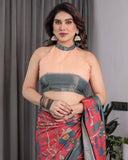 Multicolor Handloom Cotton Saree with Rajasthani Folk Dance Digital Print & Contrast Zari Border | Artistic Cultural Drape | 5.5m Saree + 0.8m Blouse