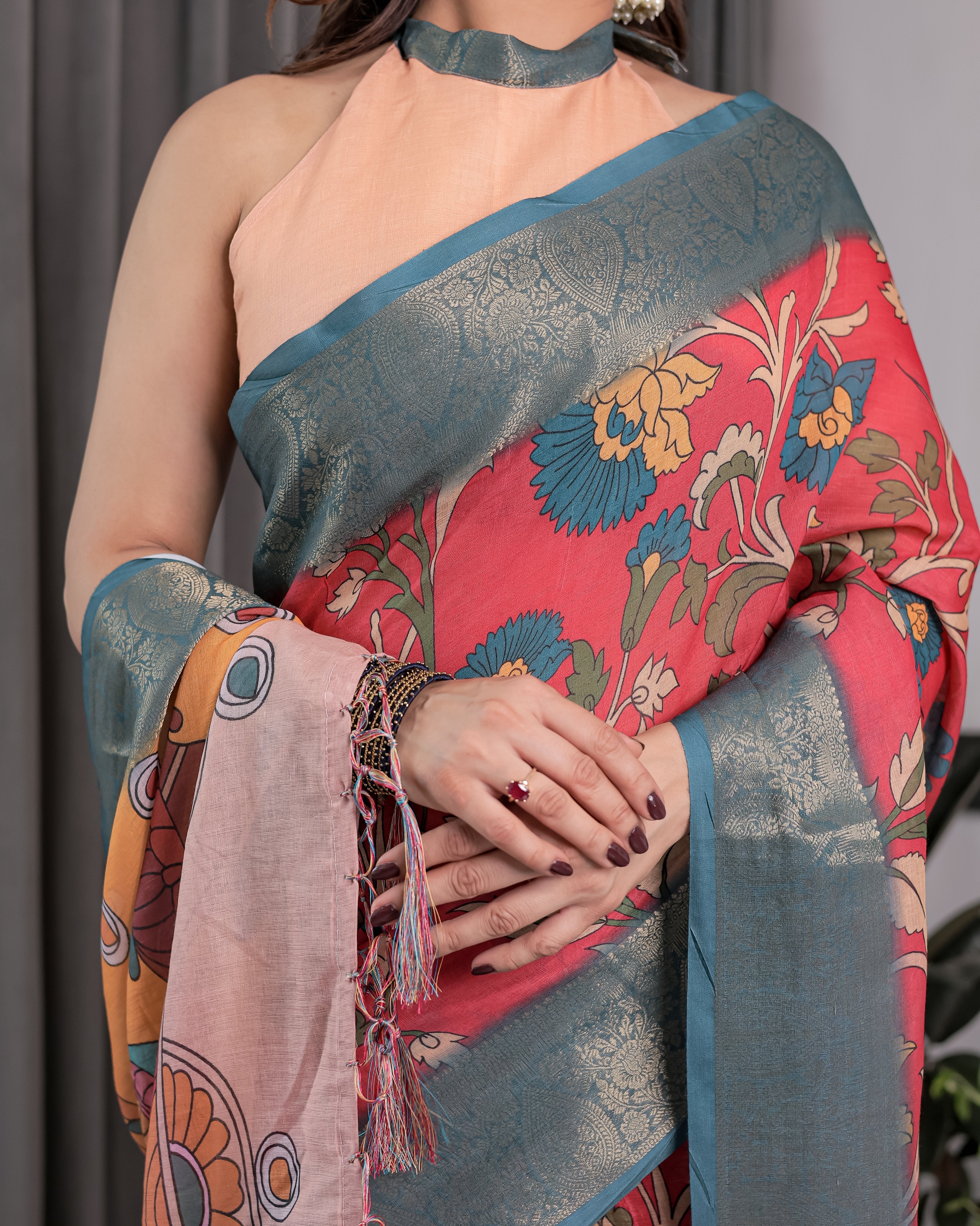 Multicolor Handloom Cotton Saree with Rajasthani Folk Dance Digital Print & Contrast Zari Border | Artistic Cultural Drape | 5.5m Saree + 0.8m Blouse