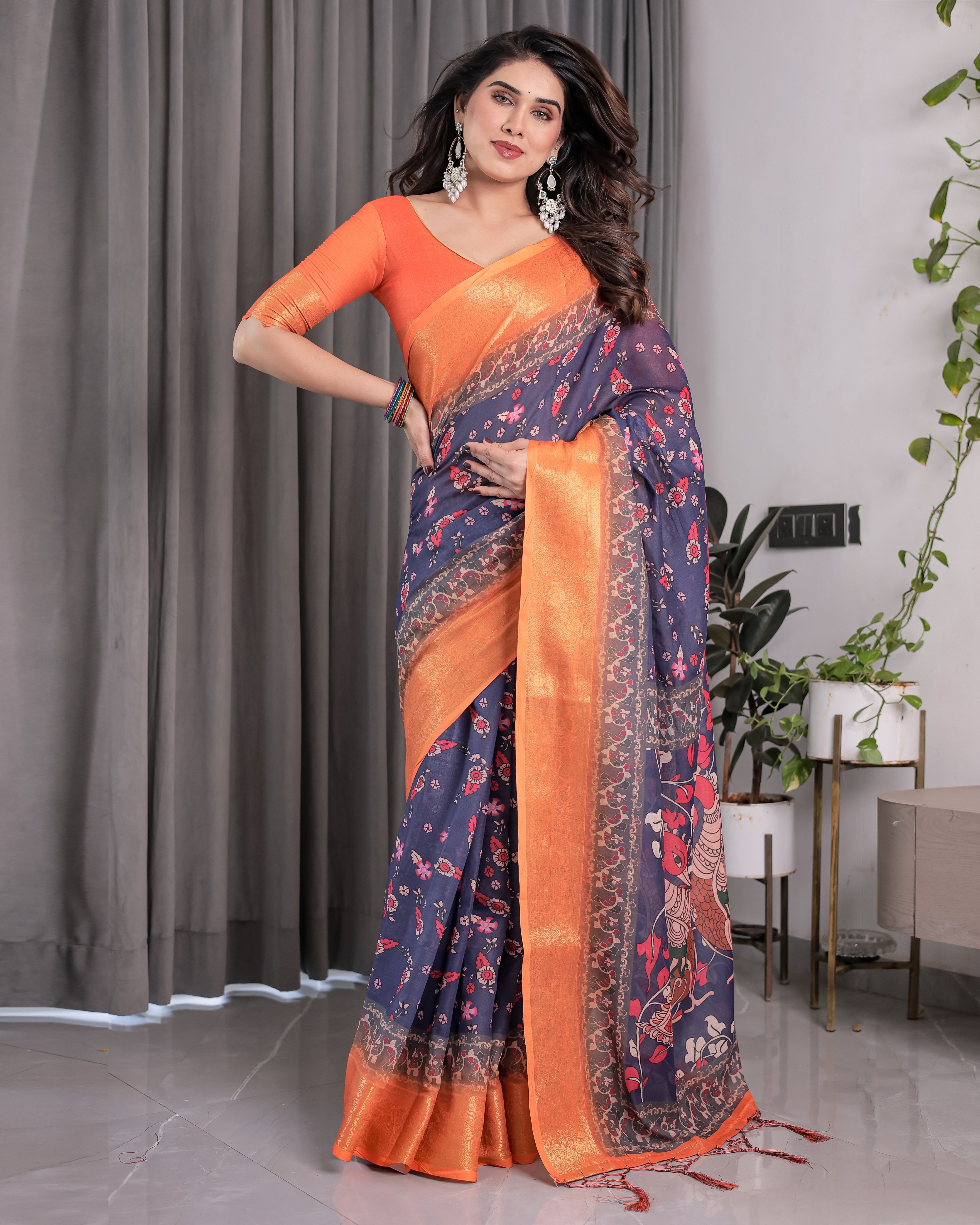 Vibrant Orange & Navy Blue Handloom Saree with Kalamkari Peacock Art Pallu & Zari Border | 5.5m Saree + 0.8m Blouse Piece