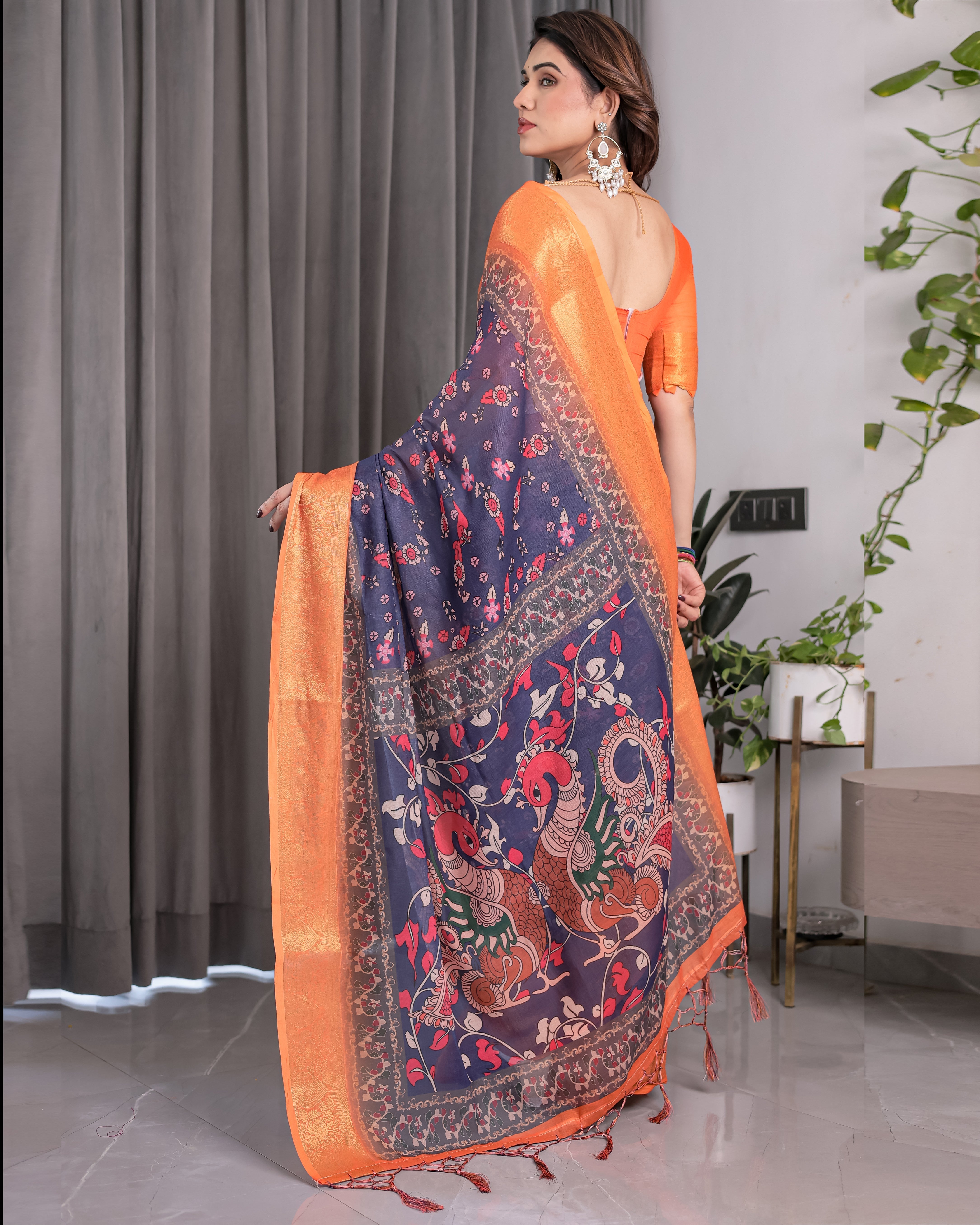 Vibrant Orange & Navy Blue Handloom Saree with Kalamkari Peacock Art Pallu & Zari Border | 5.5m Saree + 0.8m Blouse Piece