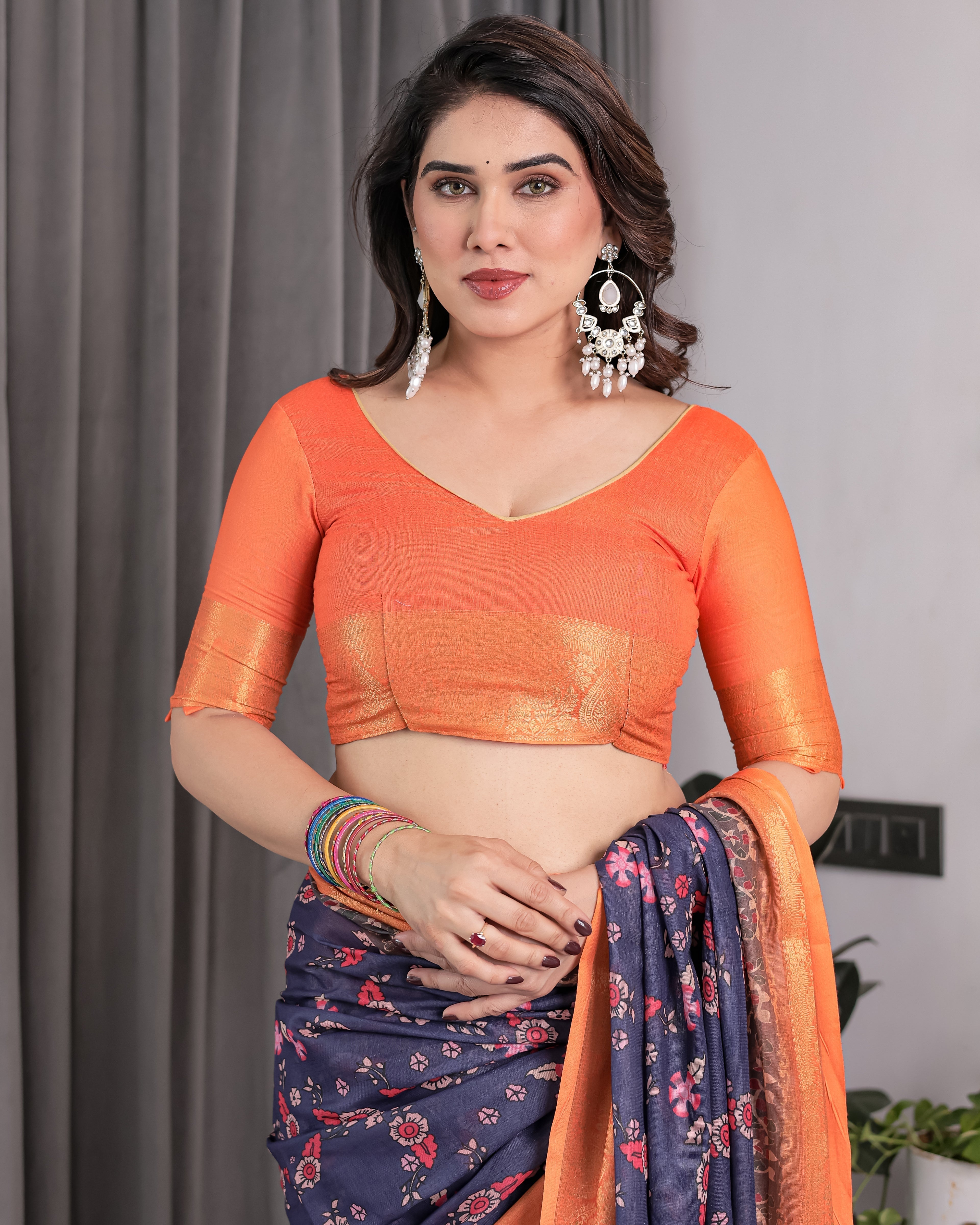 Vibrant Orange & Navy Blue Handloom Saree with Kalamkari Peacock Art Pallu & Zari Border | 5.5m Saree + 0.8m Blouse Piece