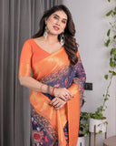 Vibrant Orange & Navy Blue Handloom Saree with Kalamkari Peacock Art Pallu & Zari Border | 5.5m Saree + 0.8m Blouse Piece