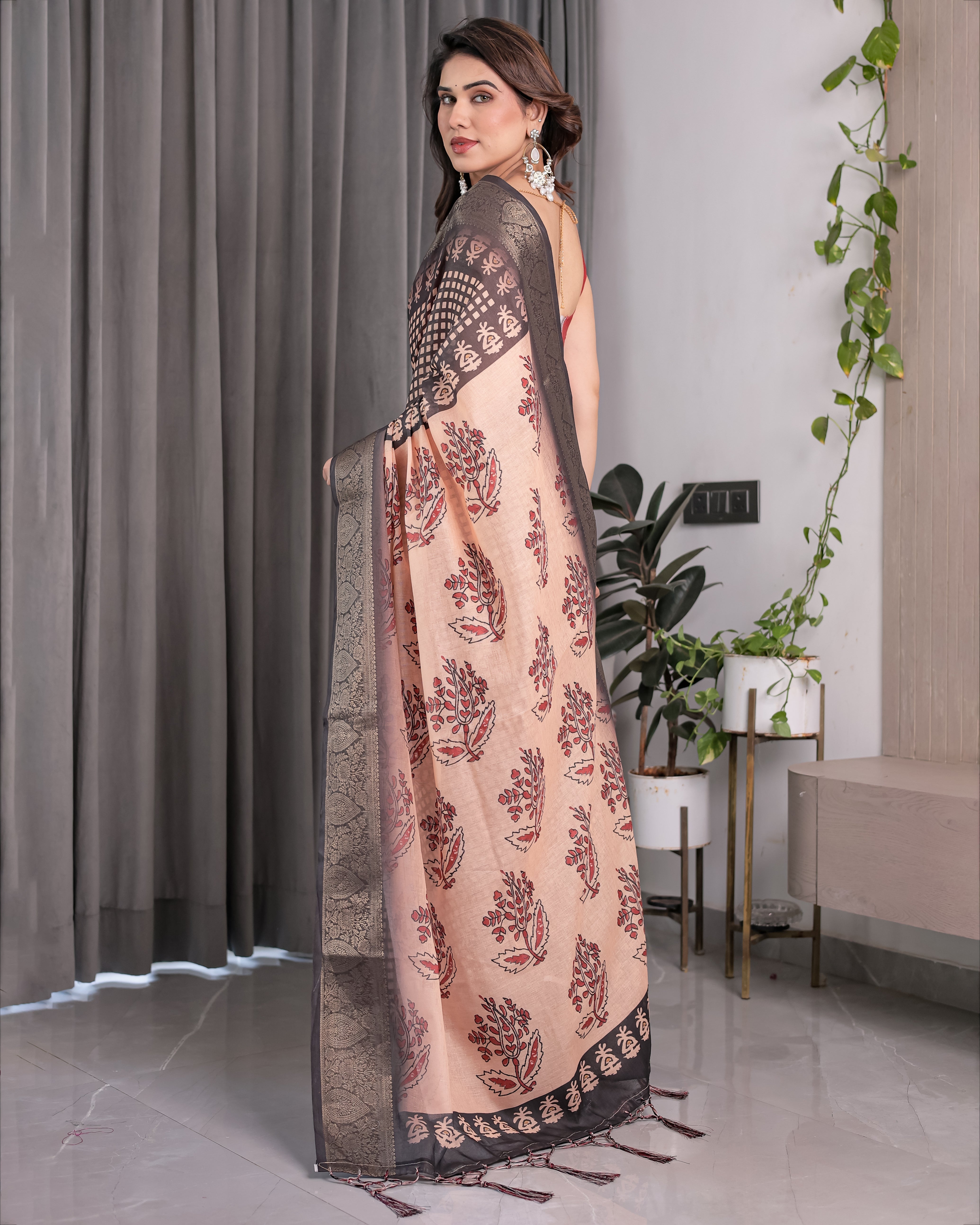 Elegant Beige Handloom Saree with Maroon Leaf Butta & Black Zari Woven Pallu | Festive Drape | 5.5m Saree + 0.8m Blouse