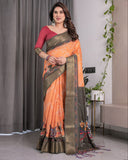 Dual-Tone Mustard & Olive Handloom Saree with Kalamkari-Inspired Bird Motifs & Zari Border | 5.5m Saree + 0.8m Blouse