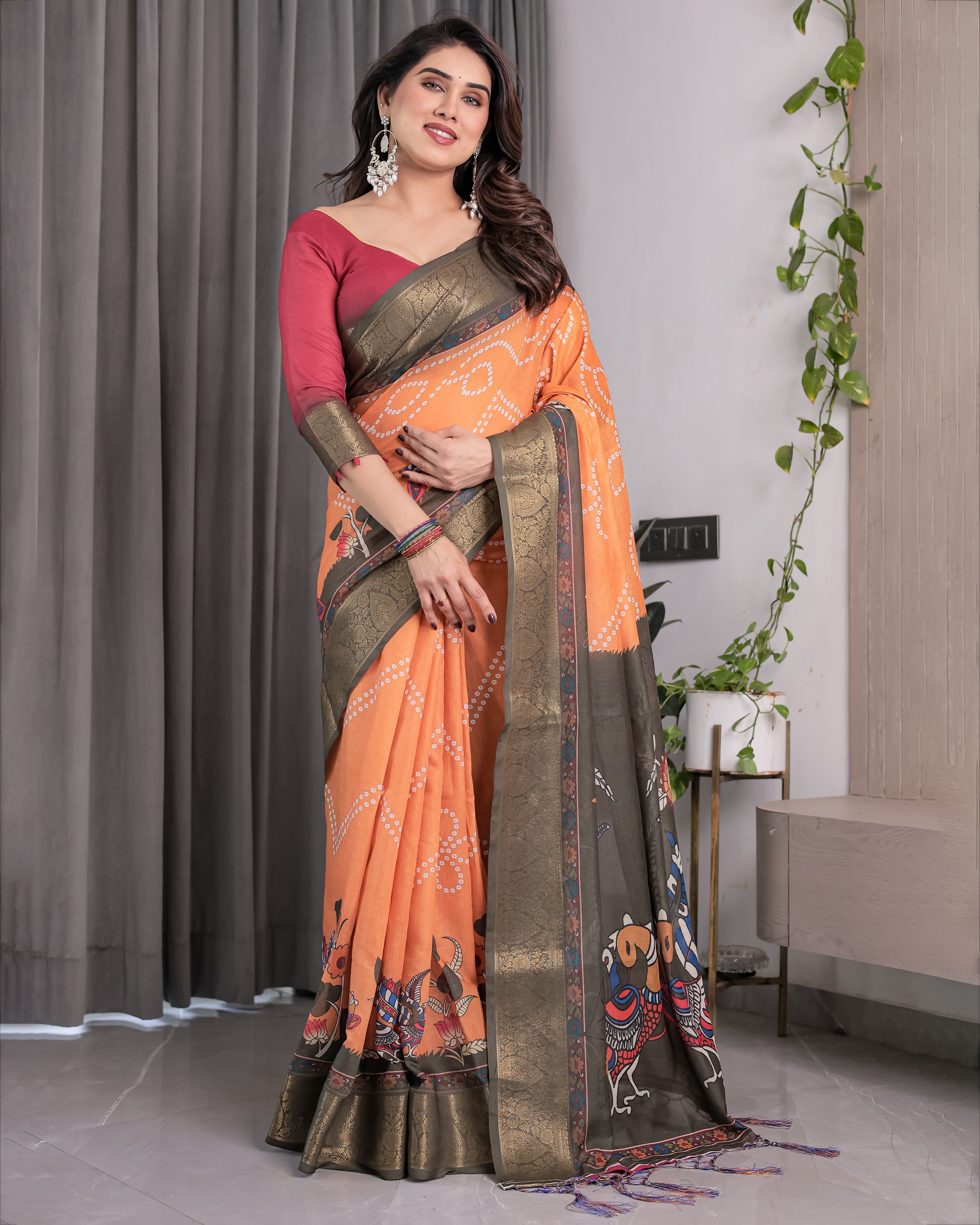 Dual-Tone Mustard & Olive Handloom Saree with Kalamkari-Inspired Bird Motifs & Zari Border | 5.5m Saree + 0.8m Blouse