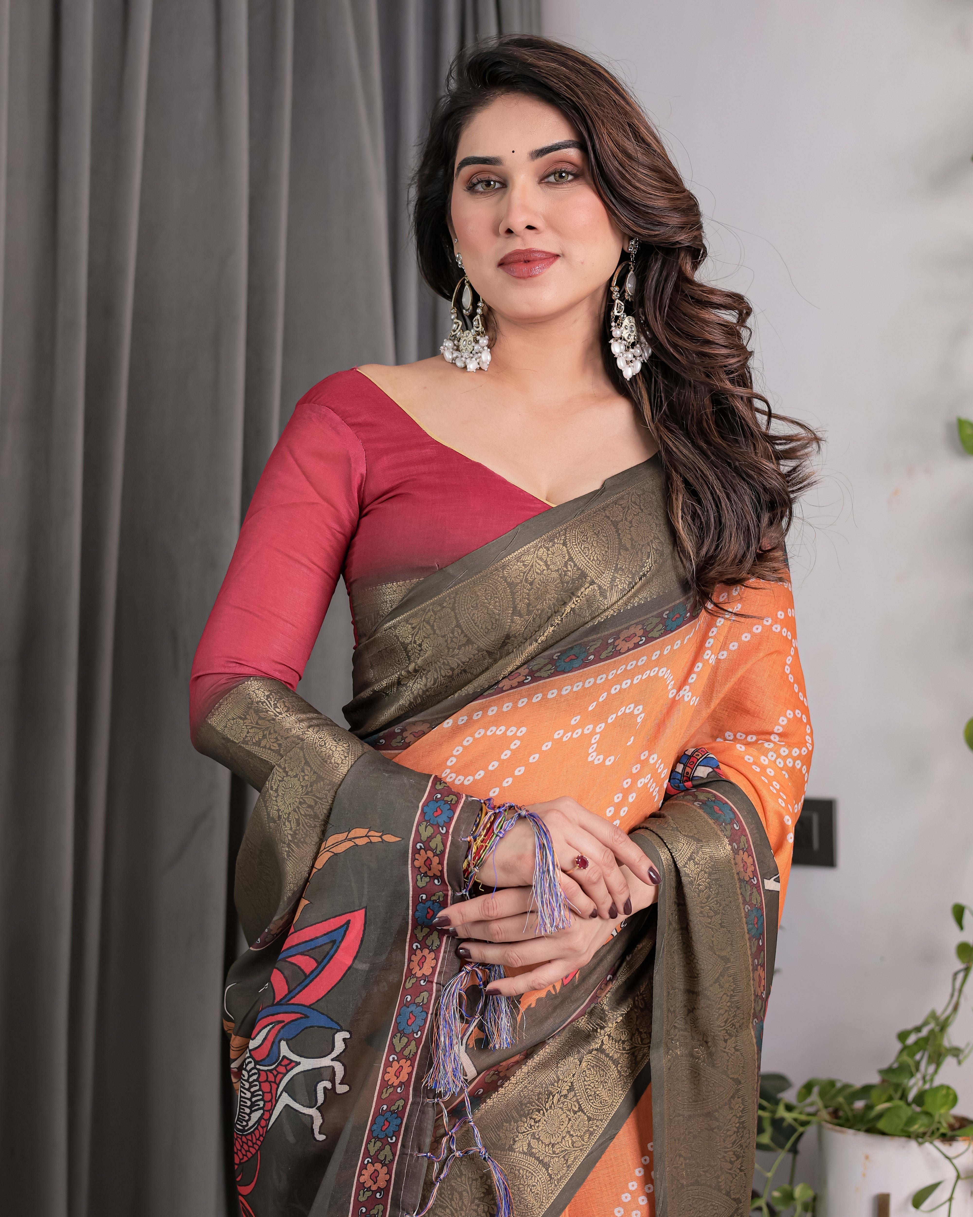 Dual-Tone Mustard & Olive Handloom Saree with Kalamkari-Inspired Bird Motifs & Zari Border | 5.5m Saree + 0.8m Blouse